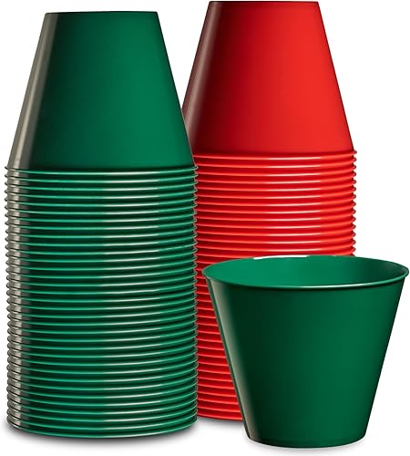 PLASTICPRO Vasos desechables de plástico para fiestas, de 9 onzas, vasos de diseño antiguo, transparentes (verde y rojo, 100) PLASTICPRO Vasos desechables de plástico para fiestas, de 9 onzas, vasos de diseño antiguo, transparentes (verde y rojo, 100)