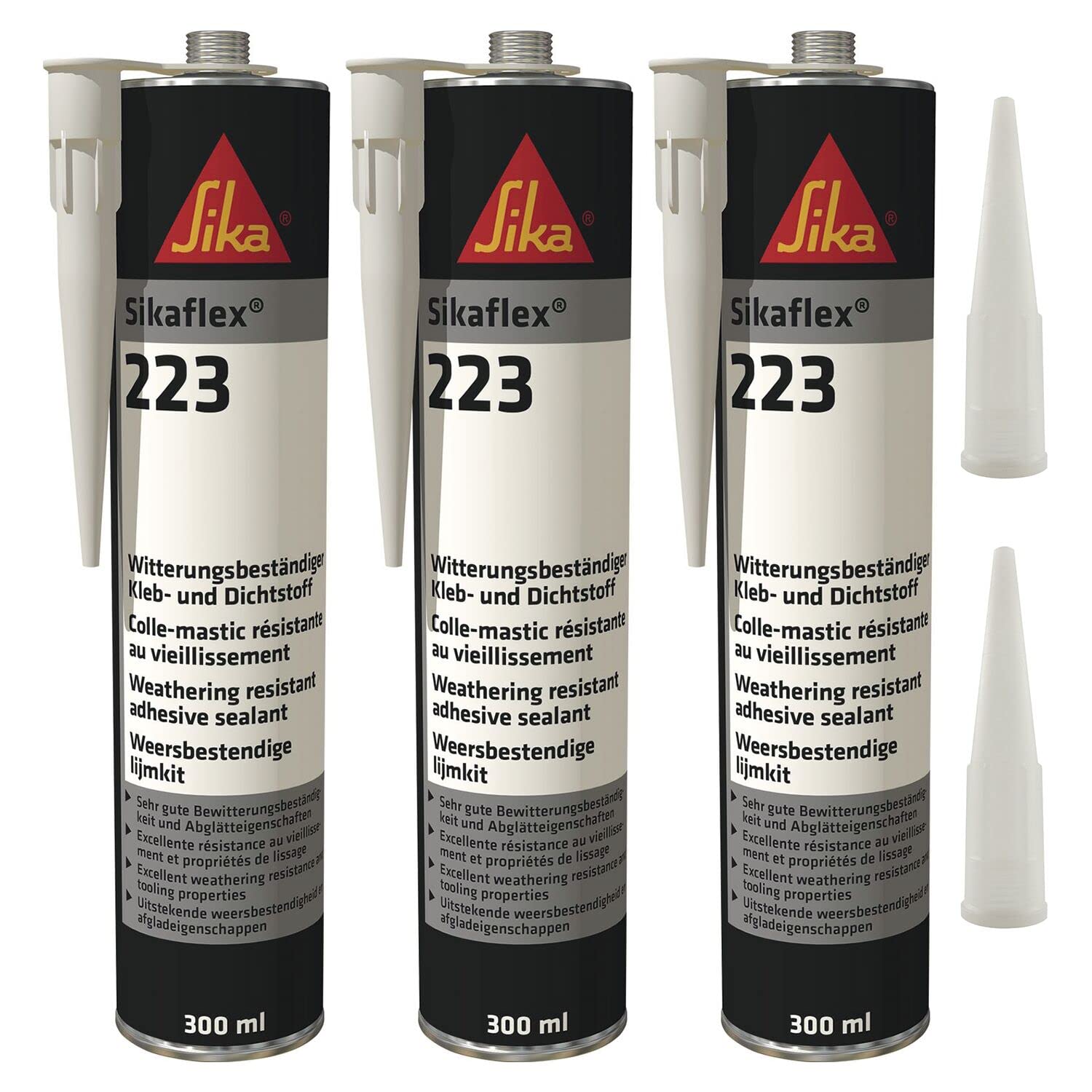 Sikaflex-223 Haftstarker 1K-PU Klebe-Dichtstoff, 300ml, Schwarz, 3er Set mit 5 Düsenspitzen
