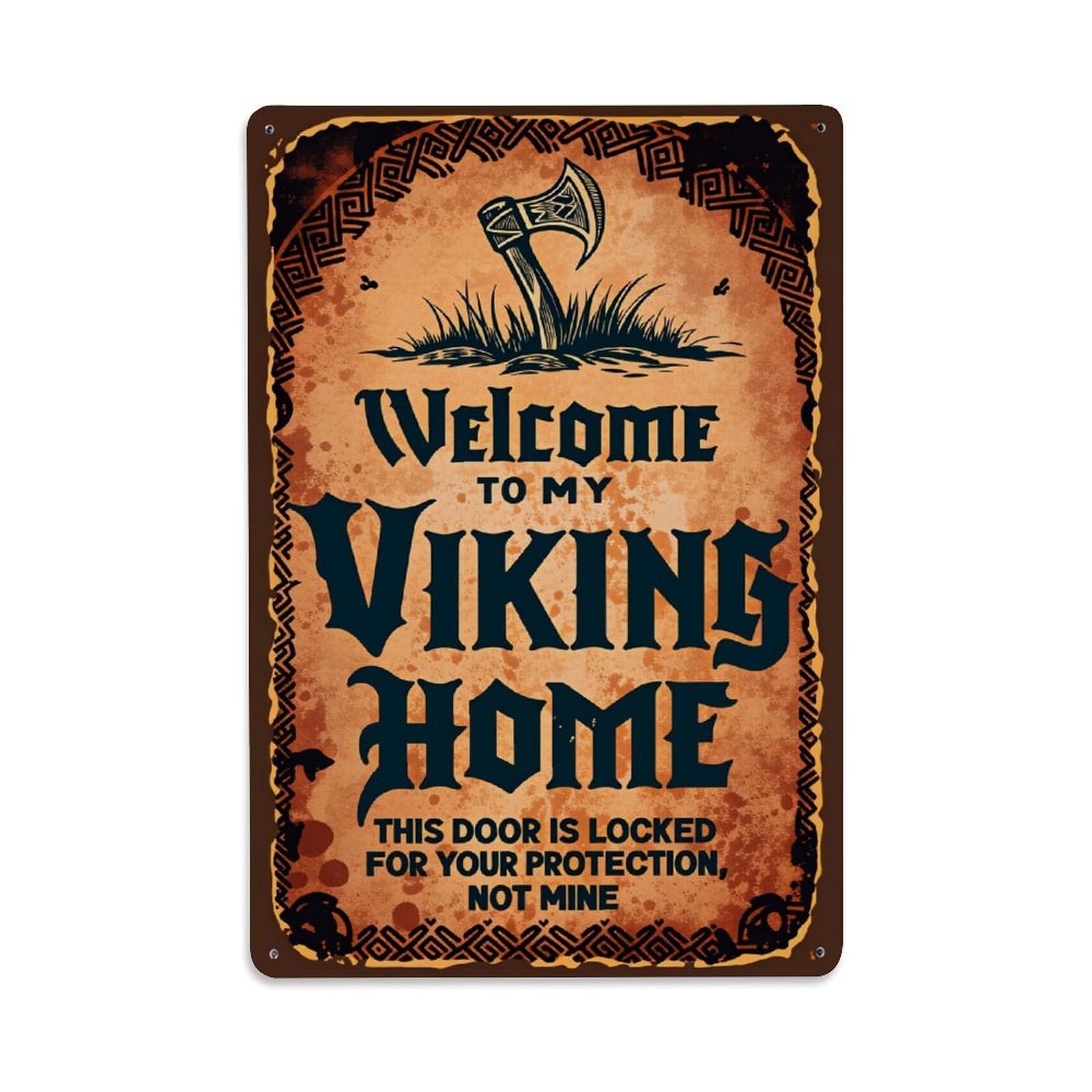 Lzwbntey Vintage Viking Axe Grass Pattern Border Metal Tin Sign Retro Wall Decor For Home Bar Garage Cafe, Indoor & Outdoor Decorative Metal Poster, 8X12 Inch