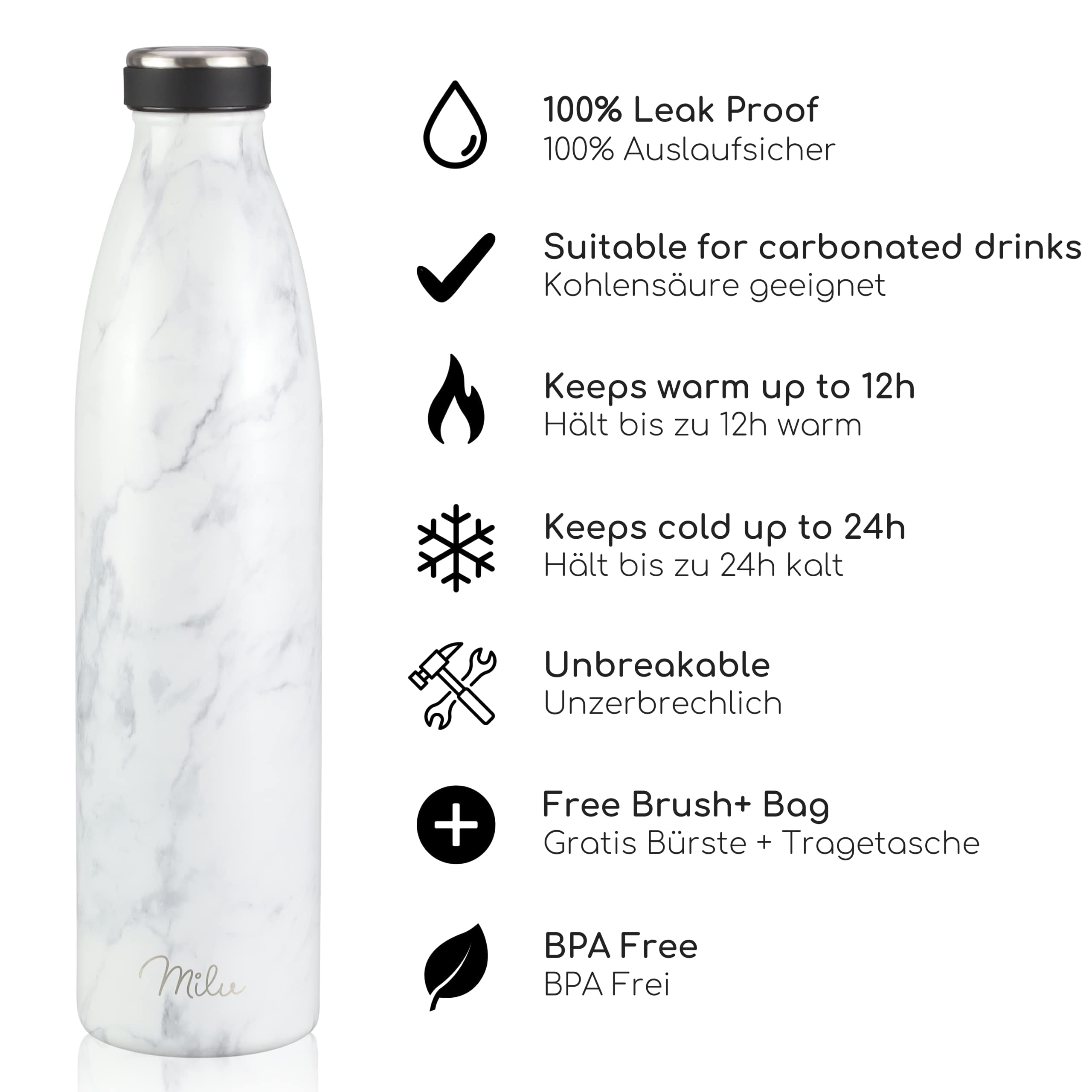 Milu Stainless Steel Drinking Bottle 1000 ml, Insulated Thermo Flask for Water, Leak Proof, Insulated and Double Walled - Image 2