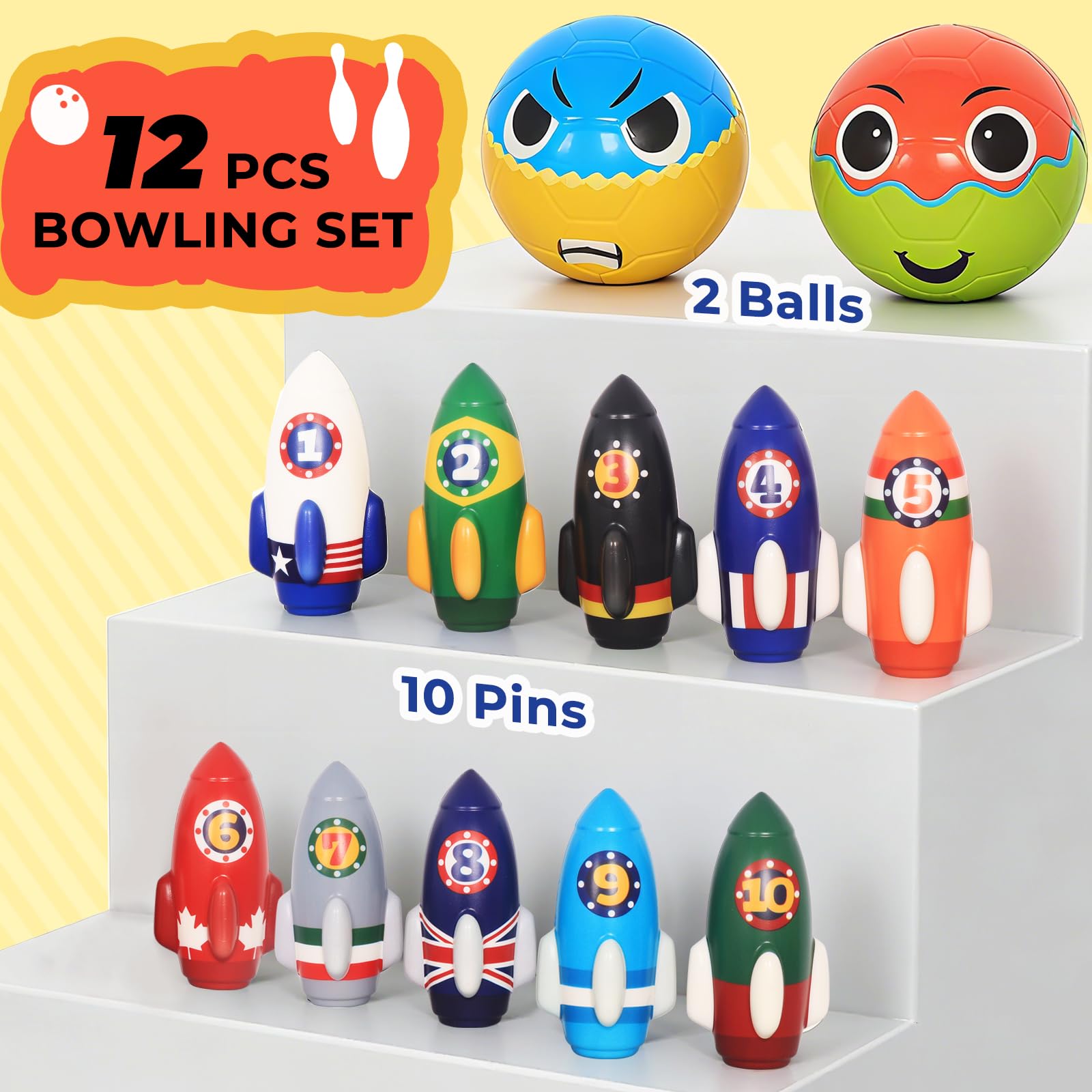 Nattork Rocket Children's Bowling Set - Bowling Set for Toddlers Indoor and Outdoor with 10 Foam Nails and 2 Balls, Educational Game for Kids 4-5 and 5-12 Years, Gift — view 5