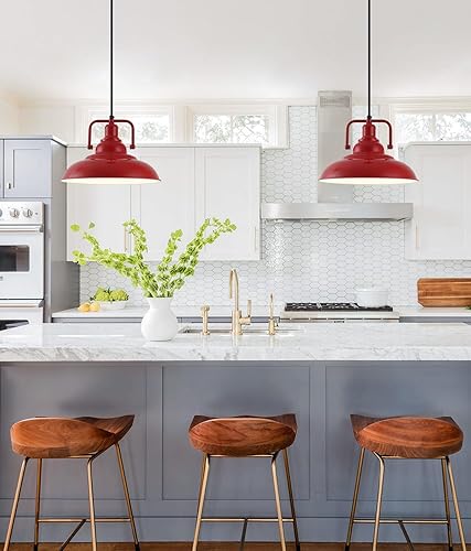 Miniatura 2 de Lámpara colgante roja de 12 pulgadas, luces colgantes de granja para isla de cocina, lámpara colgante de metal industrial para cocina, granero,