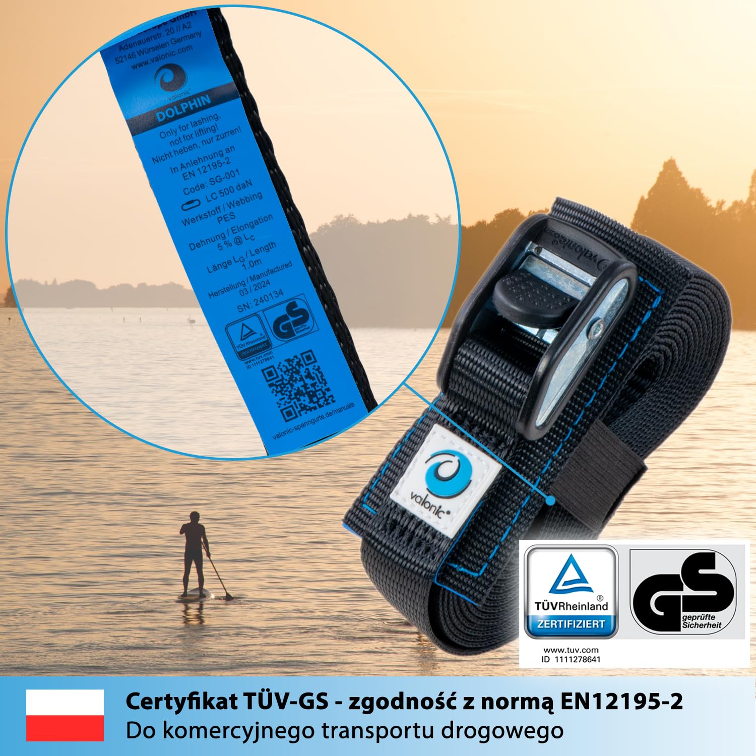 valonic Dolphin - 2x 2m Pasy mocujące, 25mm, 500Kg, wyściełane, certyfikat TÜV Rheinl. / GS, EN-12195-2 - Pas mocujący z zamkiem zaciskowym do samochodowego bagażnika dachowego, deski SUP