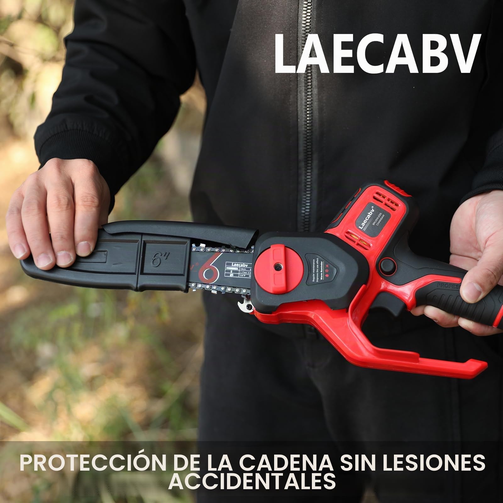 Laecabv Mini Motosierra Eléctrica de Mano, Rojo | Batería no incluida, Bloqueo de Seguridad, Para árboles, Para ramas, Para jardín