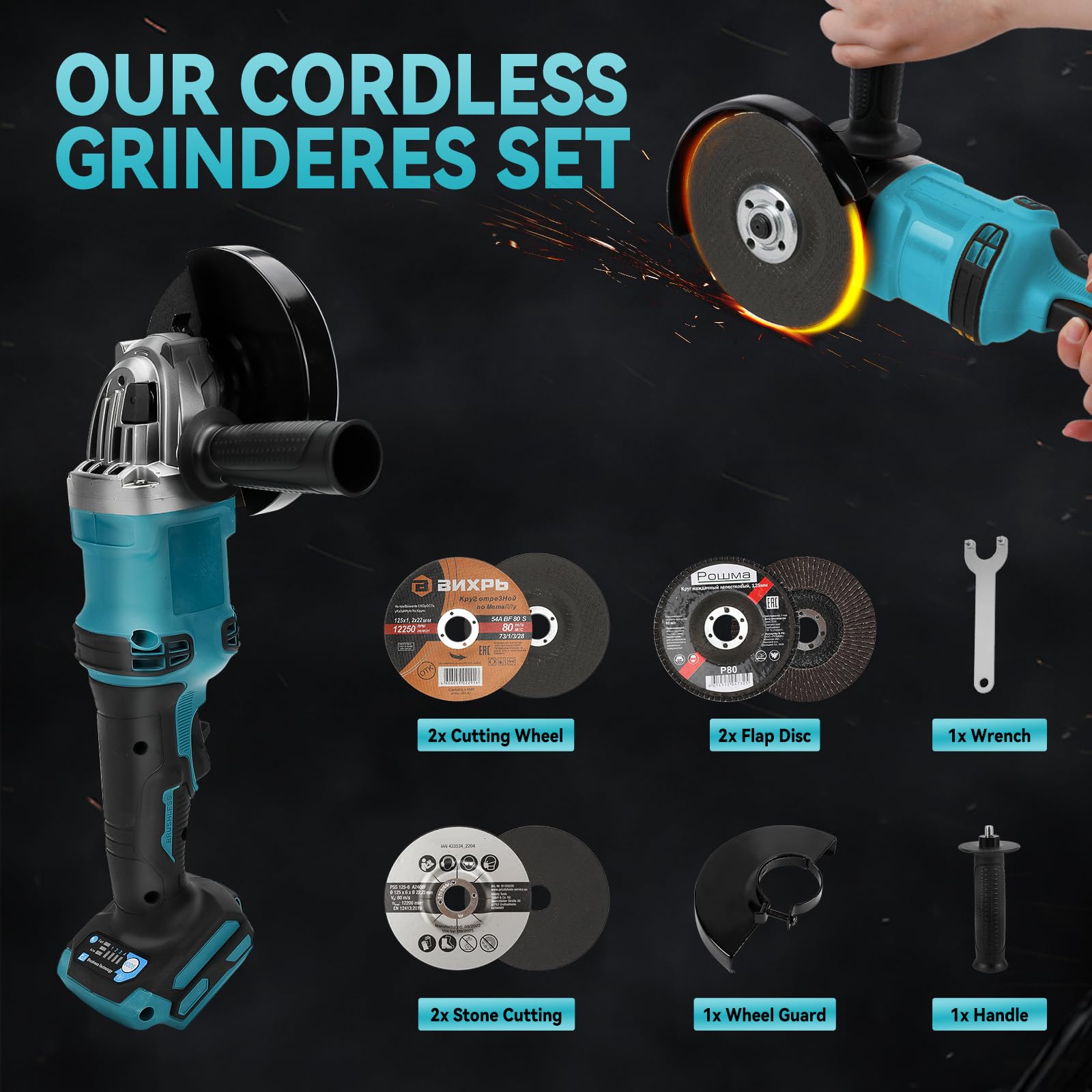 Smerigliatrice angolare a batteria per Makita 18-21V, 125 mm, 10000 giri/min, smerigliatrice elettrica con motore brushless e 6 lame per taglio di legno, plastica e metallo, lucidatura