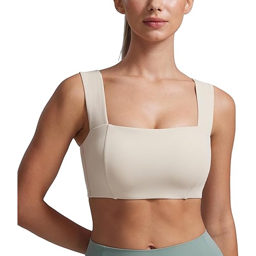 CRZ YOGA Butterluxe Womens Square Neck Sports Bras - Supportive Wide Straps Open Back Padded Camisole Yoga Crop Top