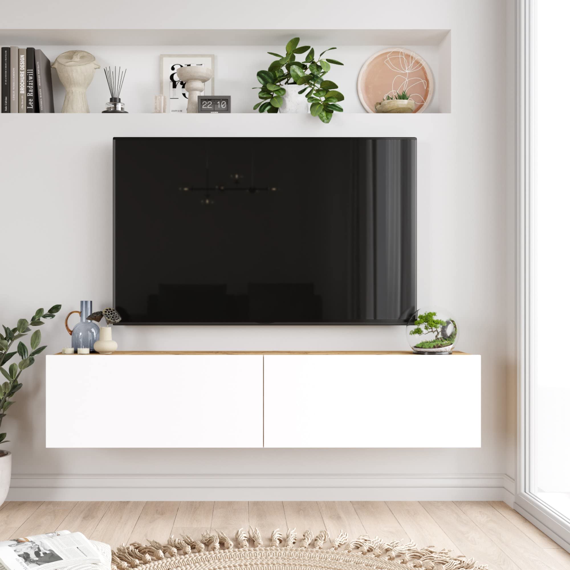 [en.casa] Mobile TV da Parete Armadio a Muro con Ante a Ribalta Consolle Pensile Stand Multimediale Larghezza 140 cm - Rovere Rustico/Bianco