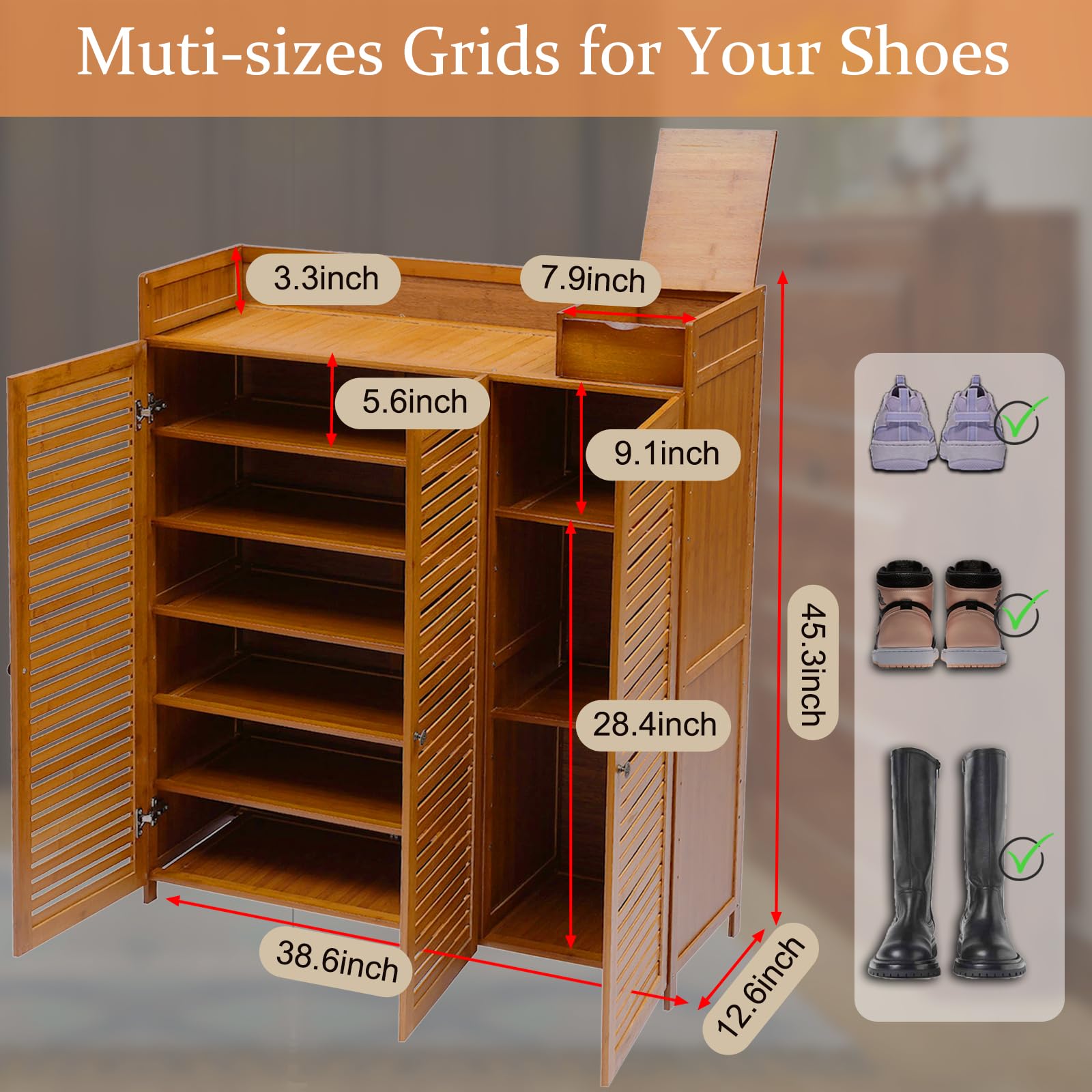 DouSeiAi 7-Tier Bamboo Shoe Storage Cabinet, 32-40 Pairs Shoe Storage with Doors, Large Shoe Storage Cabinet Shelf Stand for Entryway Hallway Living Room, Brown