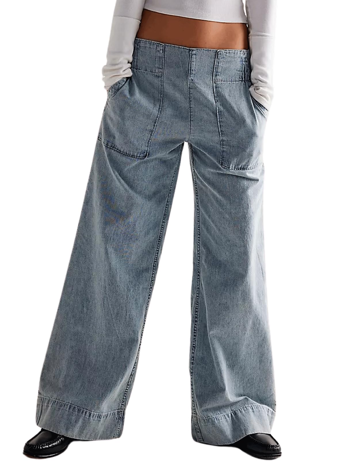 CHARTOU Women Boyfriend Wide Leg Denim Pants Back Smocked High Waist Jean Y2K Trendy Long Pants with Pockets