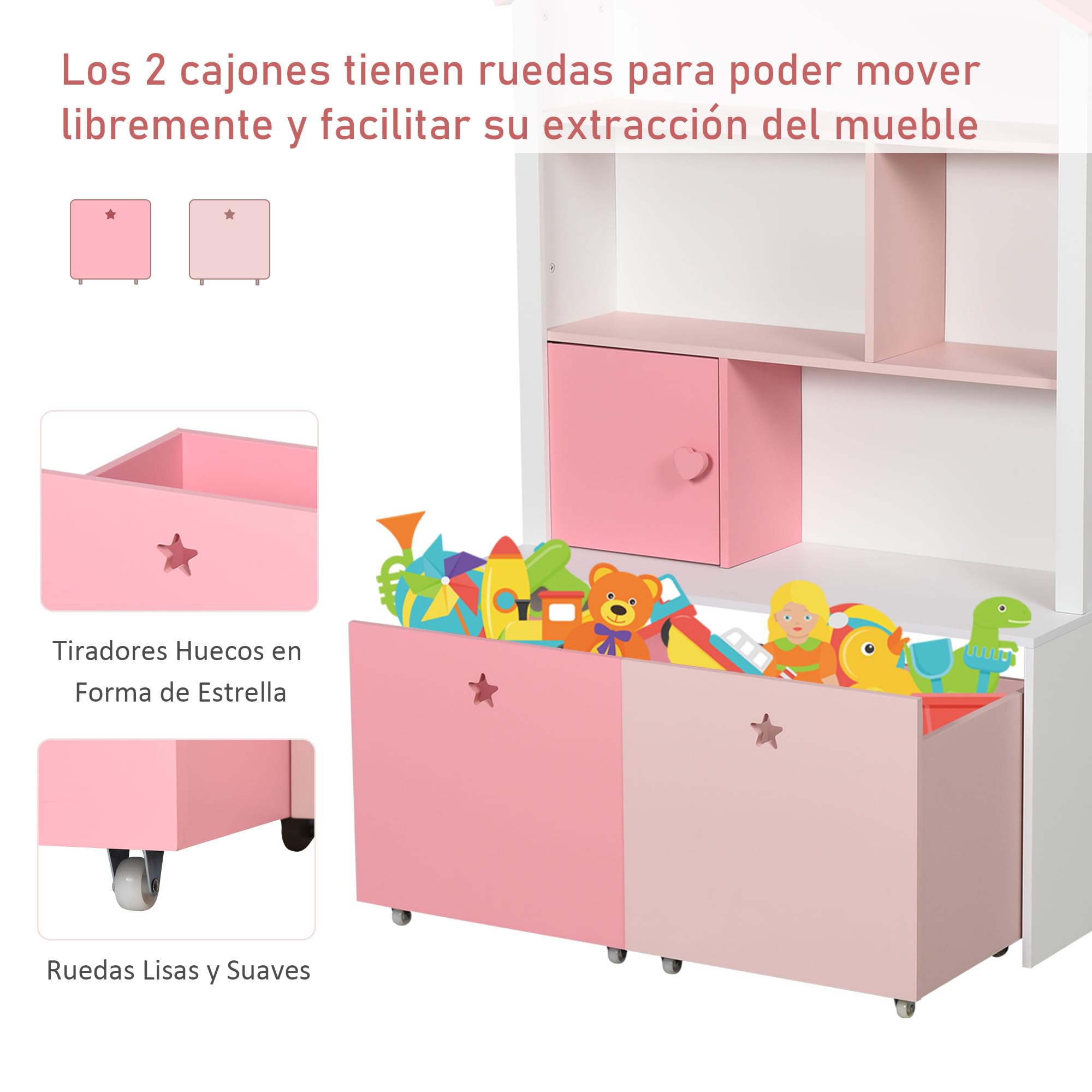 HOMCOM Kinderbuchregal aus Holz Kinderbuchregal mit 4 Fächern 1 Tür und 2 herausnehmbaren Schubladen mit Rädern für Bücher Spielzeug 80x34x130 cm Rosa und Weiß
