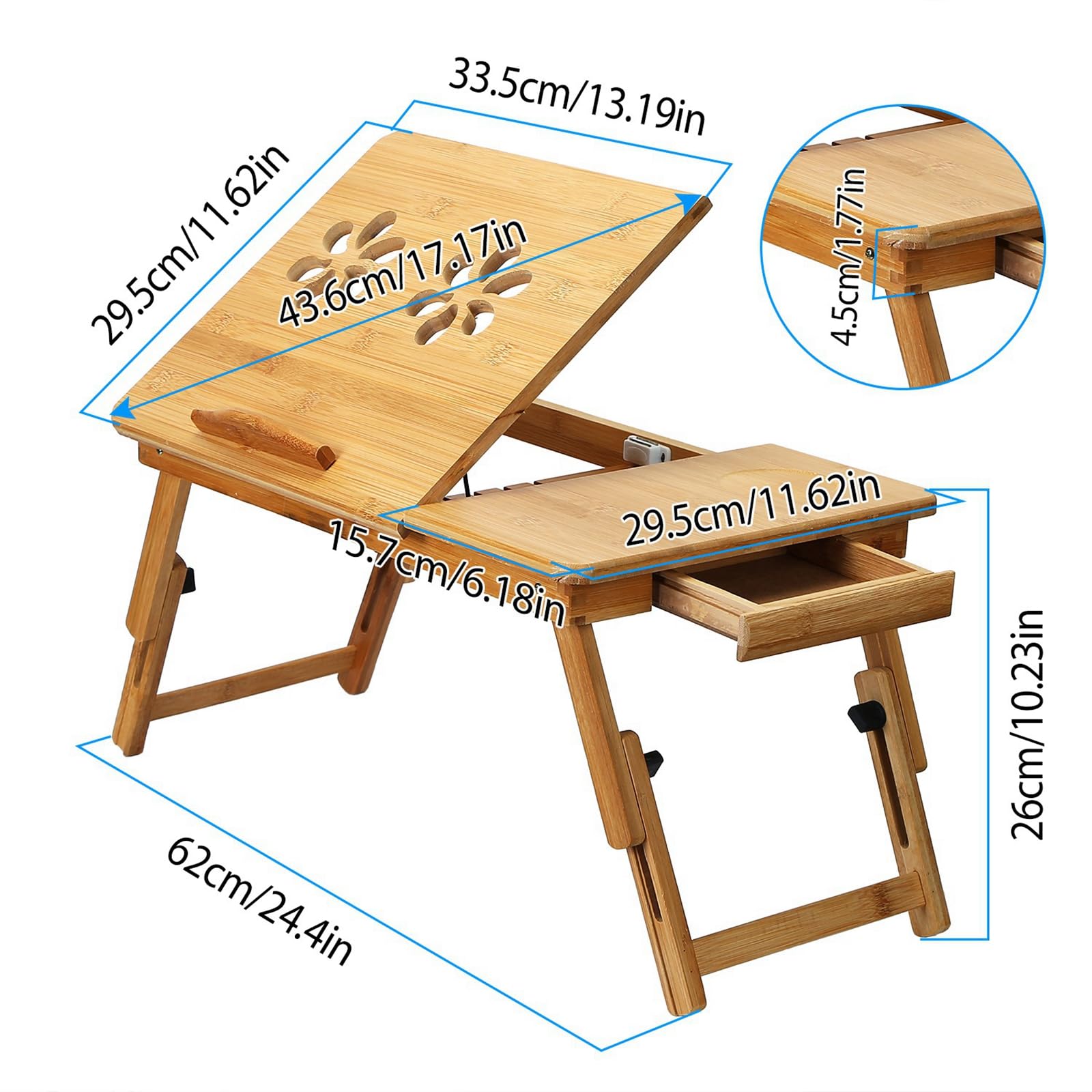 Bamboo Laptop Desk, Breakfast Serving Bed Tray, Adjustable Portable Laptop Stand Table with Tilting Top Storage Drawer, Heat Dissipation Design for Bed and Sofa, Working and Watching Movie
