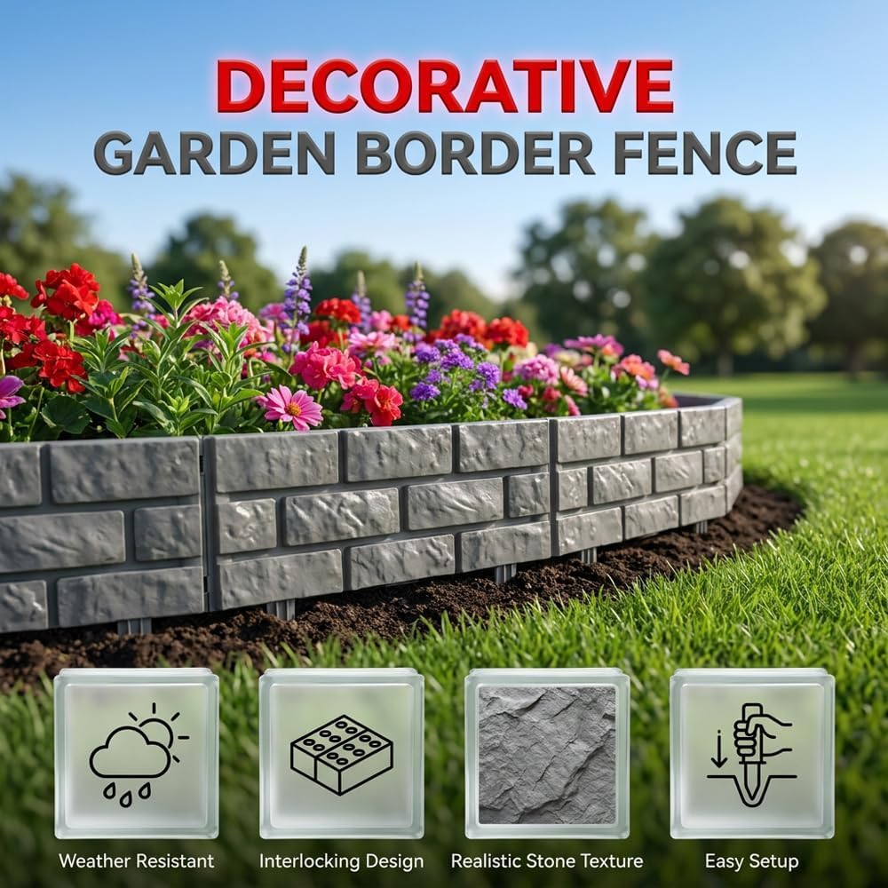Recinzione di Contenimento per Giardino in Plastica Effetto Pietra - Pannelli per Bordure da Aiuola Effetto Mattone Rimovibili per Un Facile Montaggio E Unelegante White 15PCS