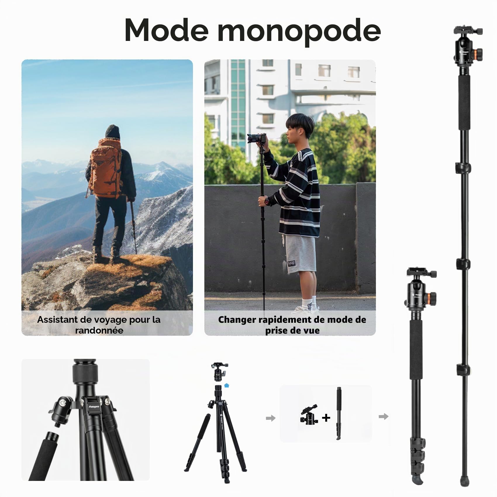 Fotopro S4 Pro Trépied Voyage Aluminium 150.1cm Rotule 360° Charge 8kg 1.18kg Plié 41.5cm 4 Sections