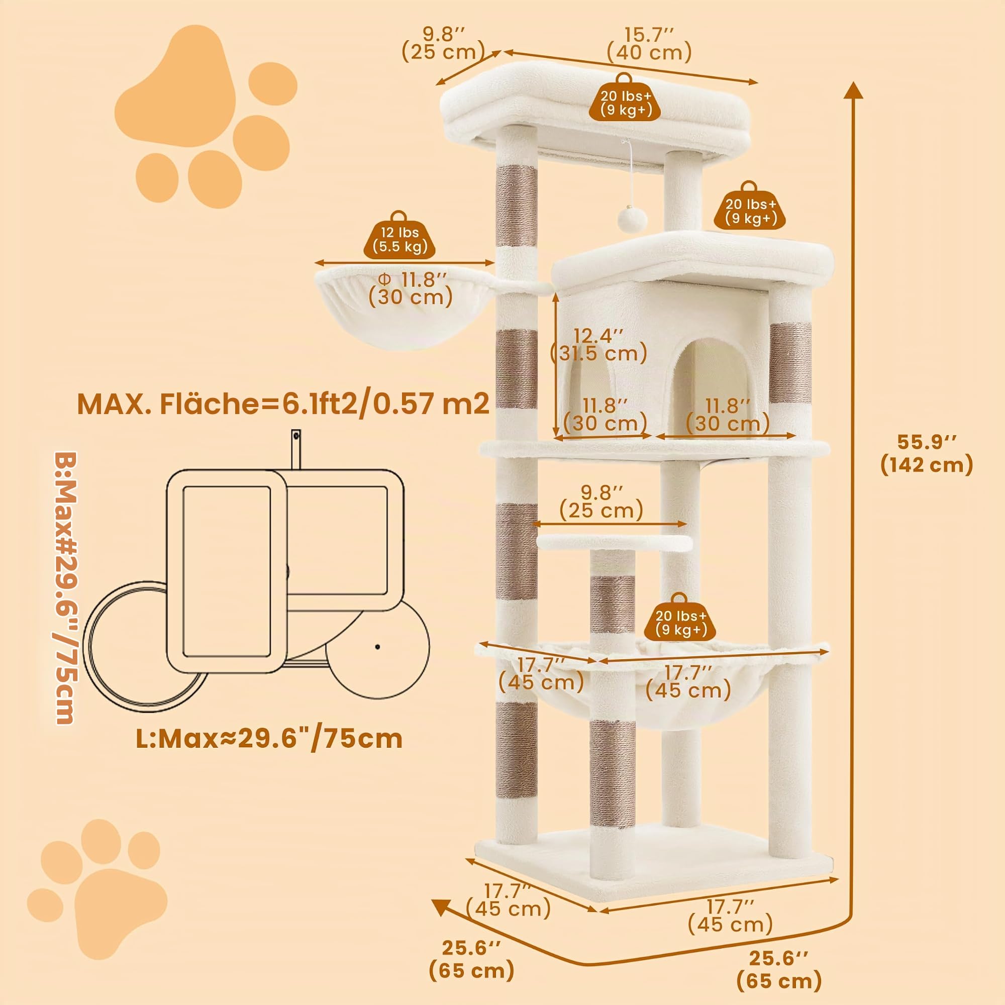 Heybly kratzbaum 142 cm mit Leichtem Aufstieg, 2 Ruheplattformen, Katzenhöhle, Hängematte und Korb, Natursisal-Kratzstämme, ideal für Wohnungskatzen, Beige HCT028MJ