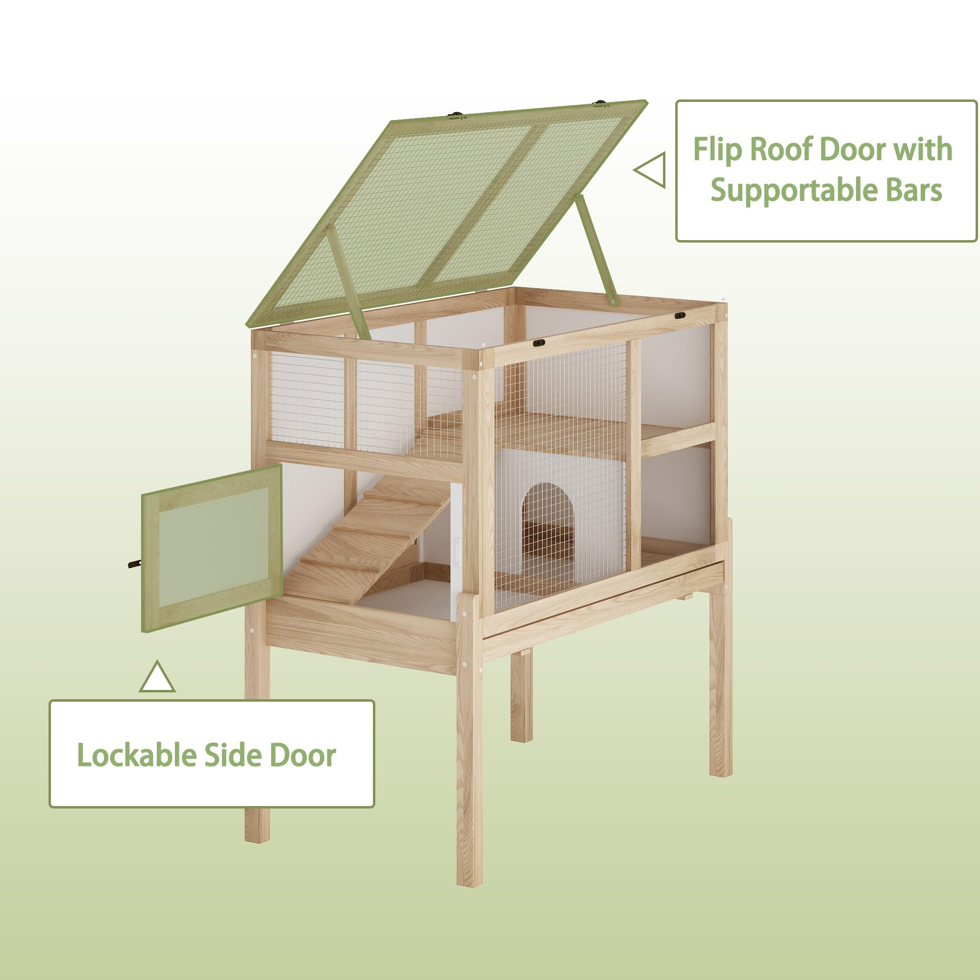 Guinea Pig House for 2 with Stand, Small Animals Rabbit Cages with a Pull Out Tray, Wooden 2-Story Indoor Large Hamster Habitat Playpen with Ramp, Hideout, Platform
