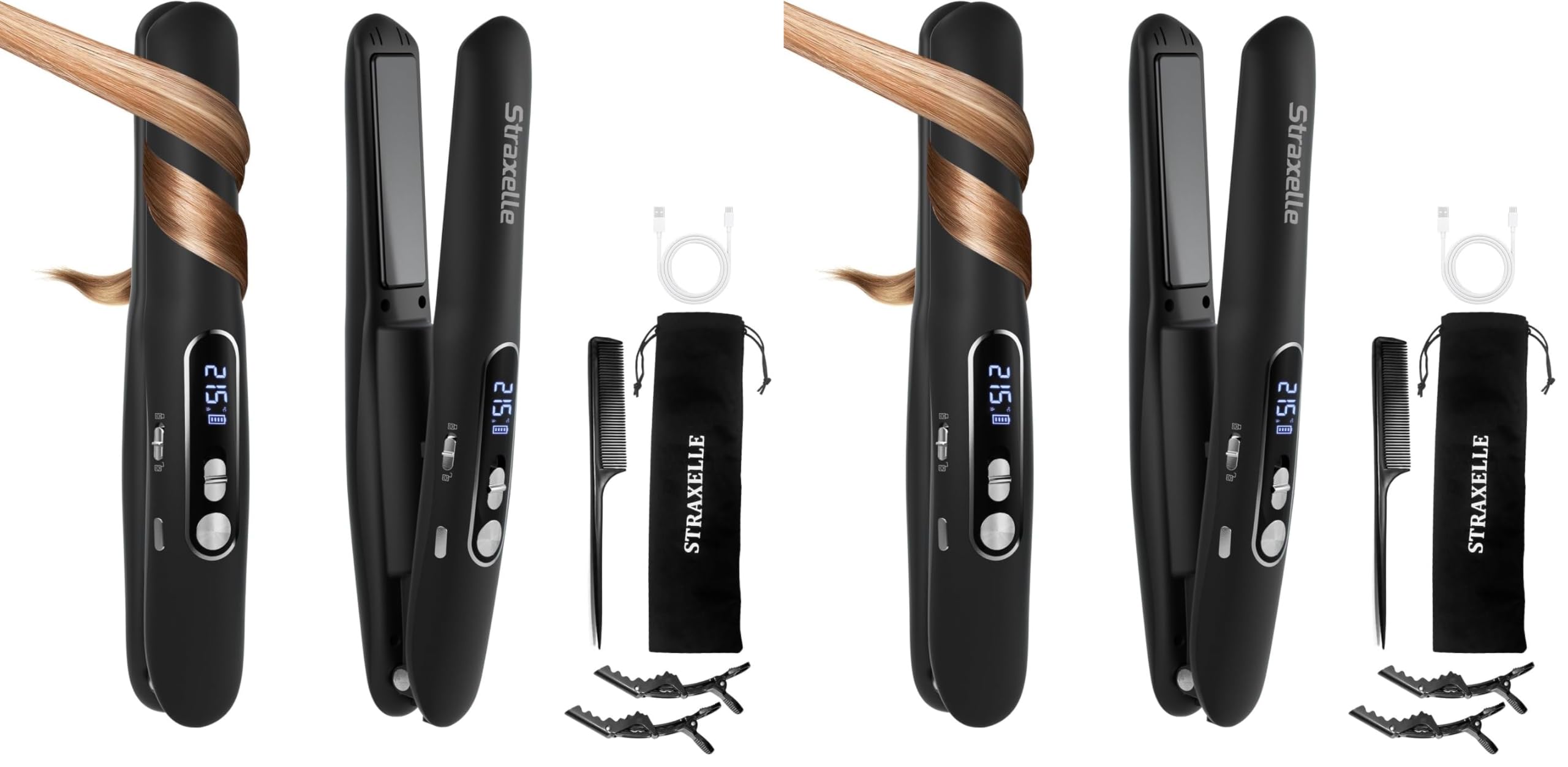 Mini Glätteisen Kabellos 2 in 1 Glätteisen Locken und Glätten mit 5000mAh ReiseGlätteisen 3 Einstellbare Temperaturen 175°C-215°C mit LED-Anzeige für Frauen Männer (Schwarz) (Packung mit 2)