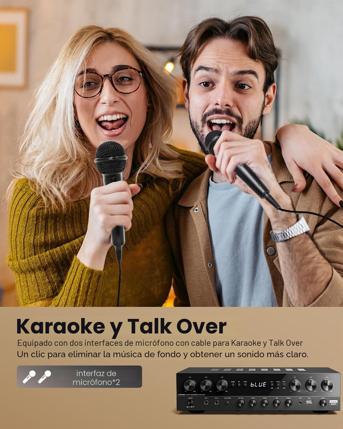 Donner Amplificador de Audio para el Hogar, 6 Canales con Potencia Máxima de 1000 W con Bluetooth 5.3, USB, FM, 2 Entradas de Micrófono, RCA, Entrada de Fibra/Coaxial para el Hogar, Karaoke, MAMP6