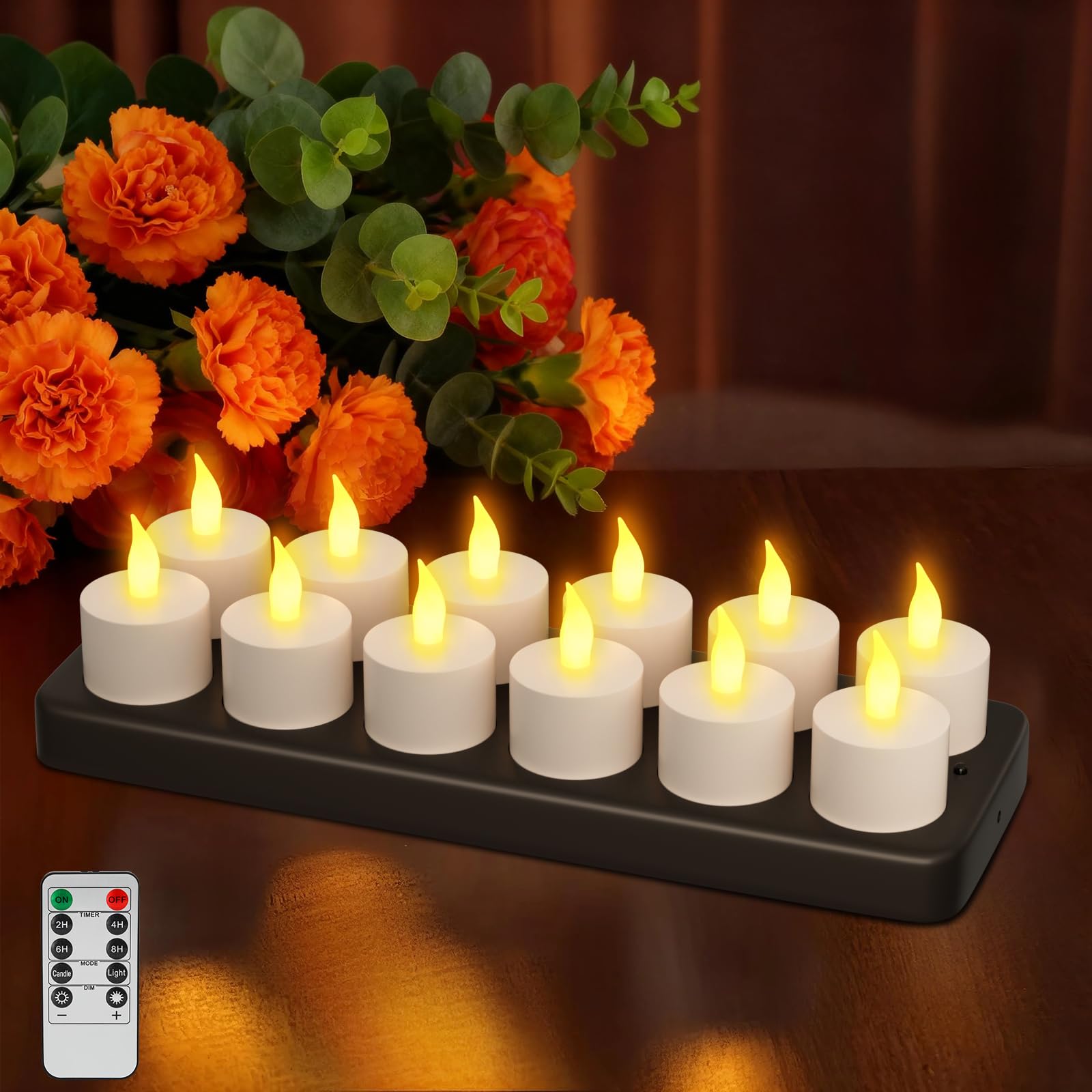 Velas de té recargables con función de temporizador y estación de carga, 12 velas LED recargables, parpadeantes, con mando a distancia, temporizador para habitaciones, salón, Halloween, Navidad