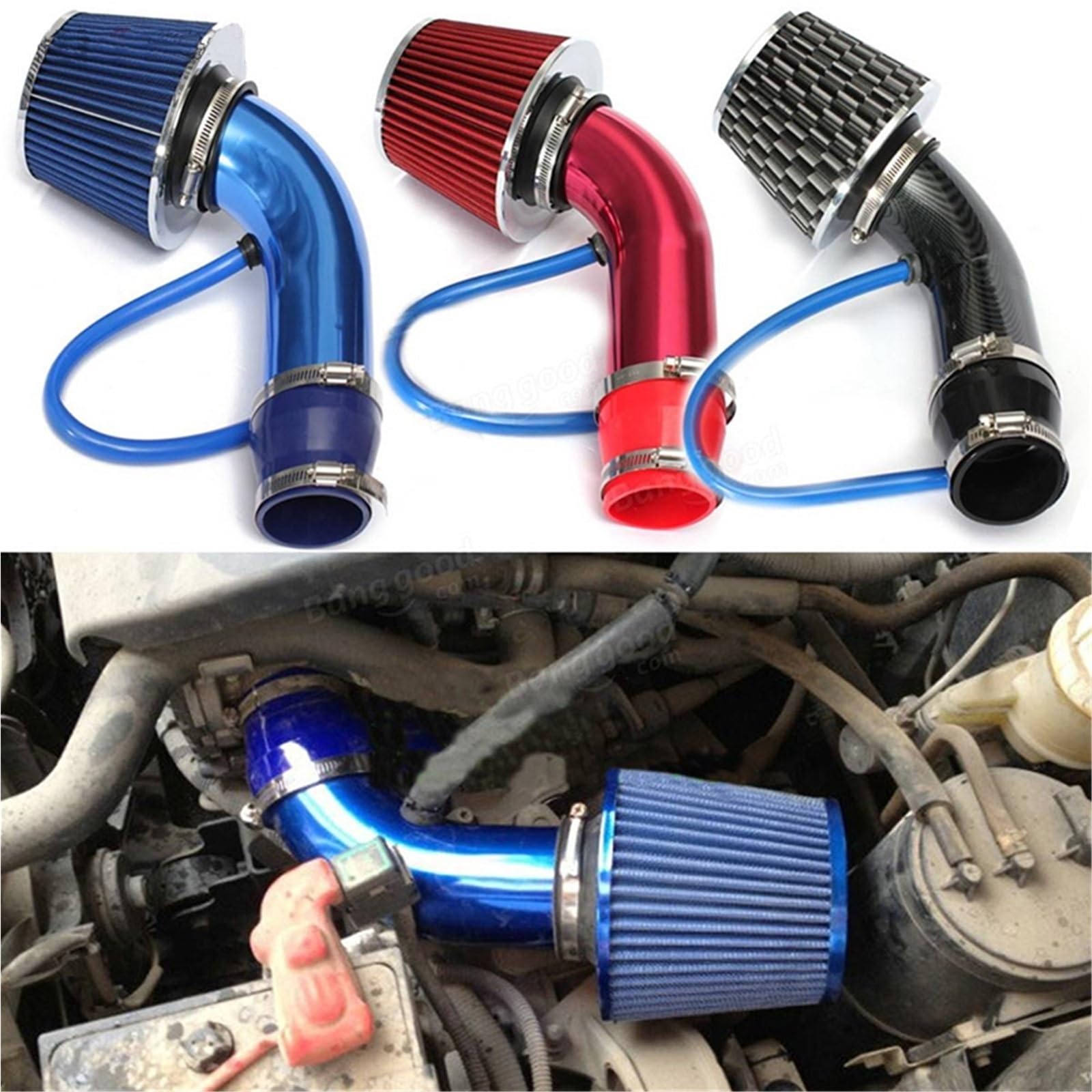 Kit de admisión aire frío Kit de tubo admisión aire frío para turbocompresor 3" y 76 mm para sistema universal carreras coches, con filtro alto flujo cónico(Silver)