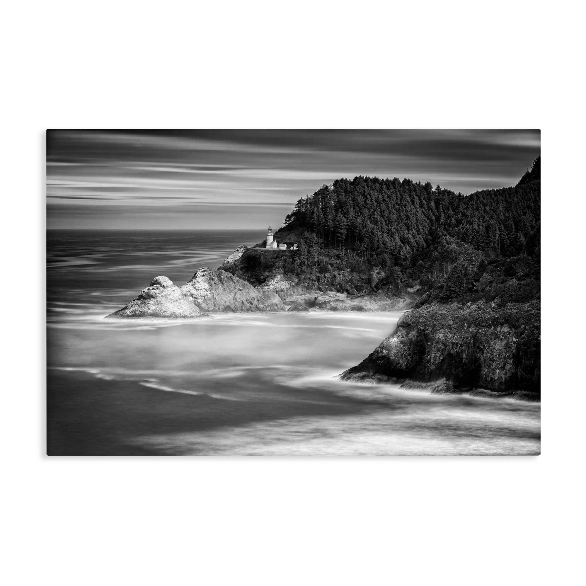 Stupell Industries Monochrome Lighthouse Over Pacific Cliffs, Ocean Waves and Coastal Forest Wall Art for Living Room, 16 x 24 Inch Gallery Wrapped Canvas Wall Art, by Rick Berk, Made in USA Gift