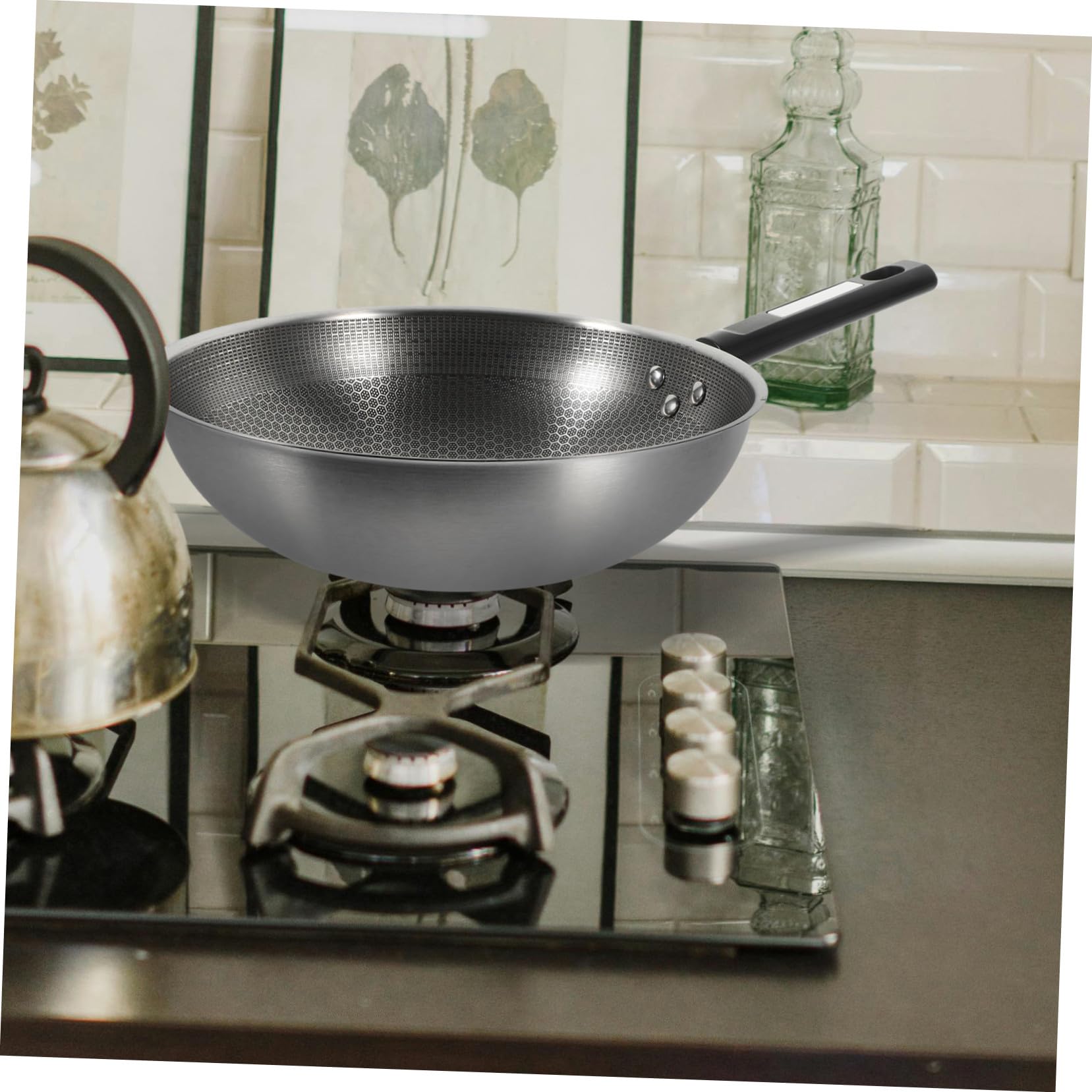Padella Fondo Piatto a Nido D'ape Padella Antiaderente in Acciaio Inossidabile Manico Ergonomico Antiscivolo per Friggere Uova e Carne in Cucina