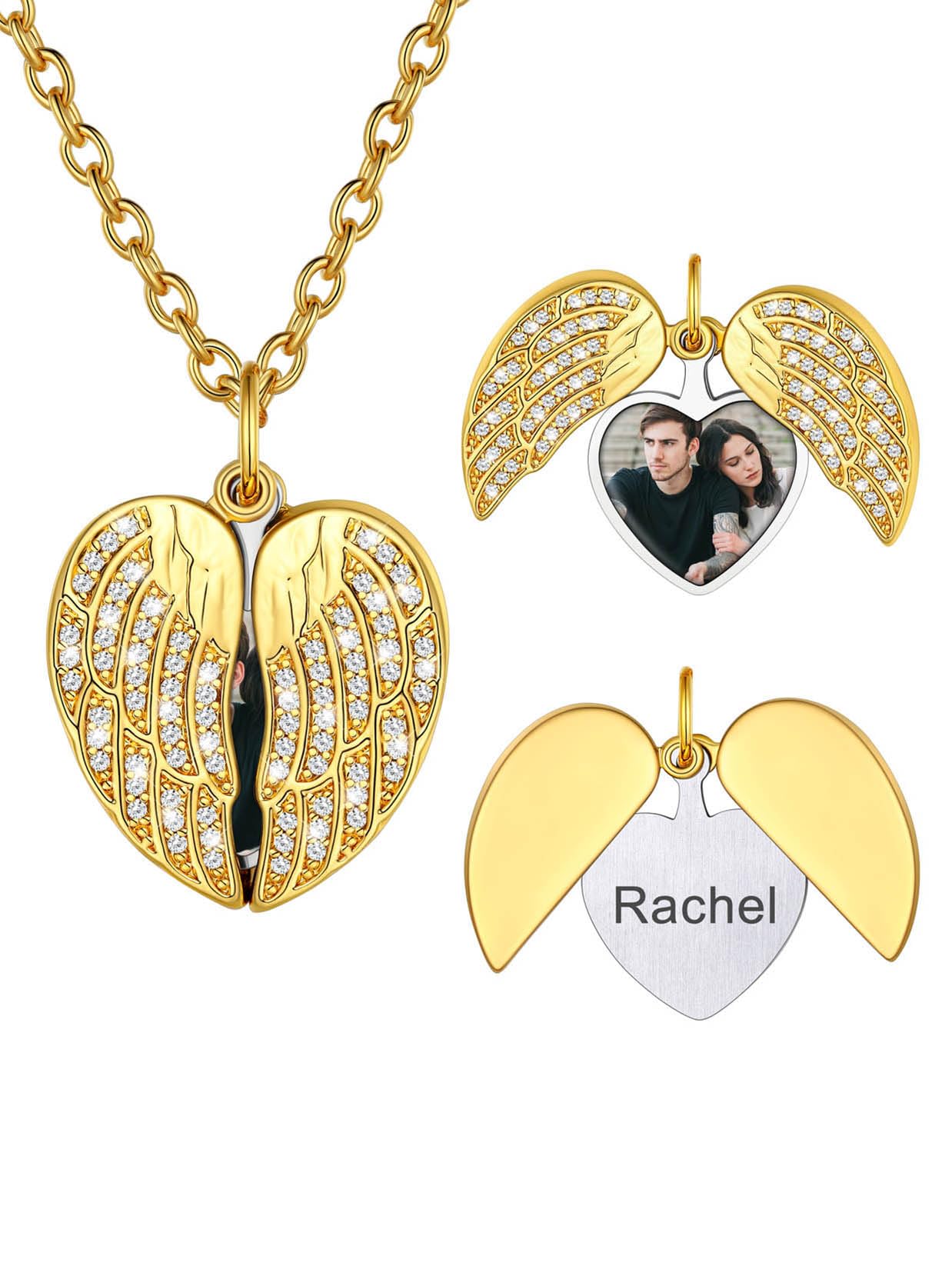 U7 Collana da Donna con Ciondolo Cuore Ali Apribile Personalizzata con Foto in Acciaio Inossidabile 316L Ciondolo Portafoto con Catena 51cm+5cm Regalo per Donna Mamma Compleanno Natale