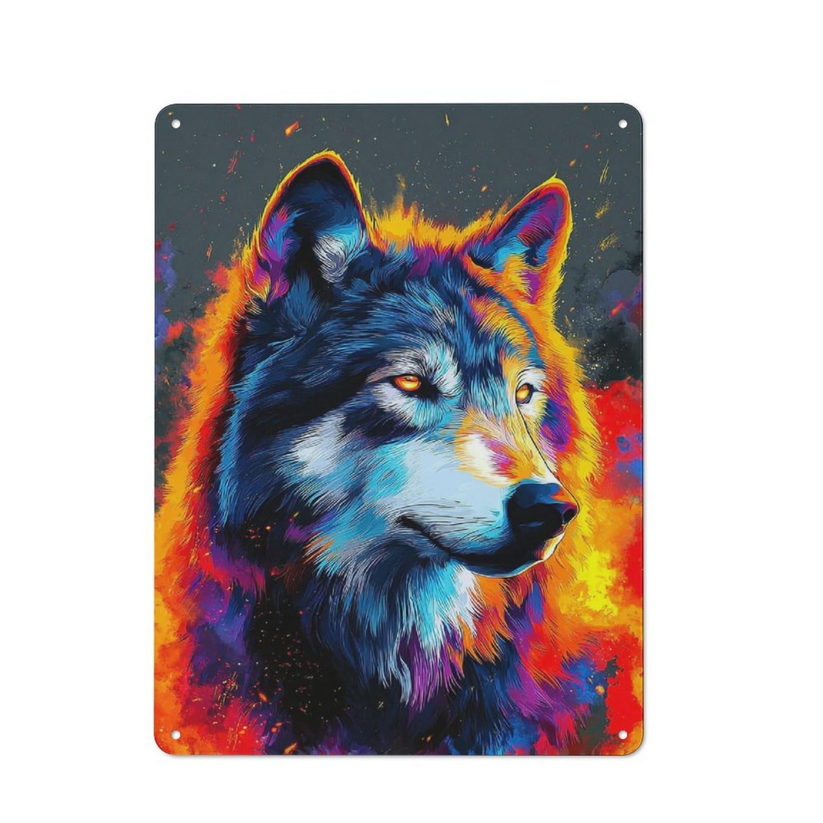 Junmoney Colorful Wolf Portrait Artwork -3 Industrial Metal Sign 40X30cm, Clean Industrial Loft Wall Plaque For Modern Home, Workshop, Office Or Cafe