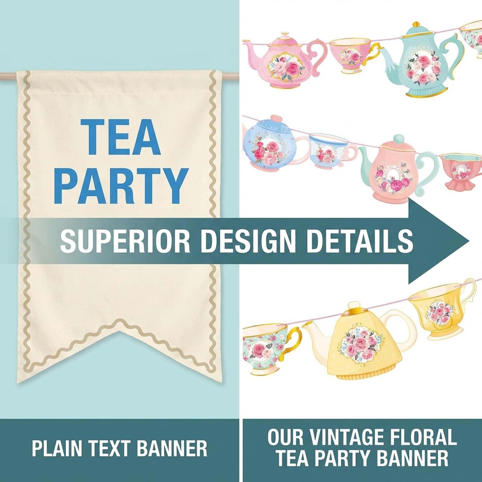 Vintage Tea Party Decorations Banner - Elegant Afternoon Tea Time Bunting with Floral Design for Adult Party, Bridal Shower & Home Decor (Pink & Mint Green) — view 4