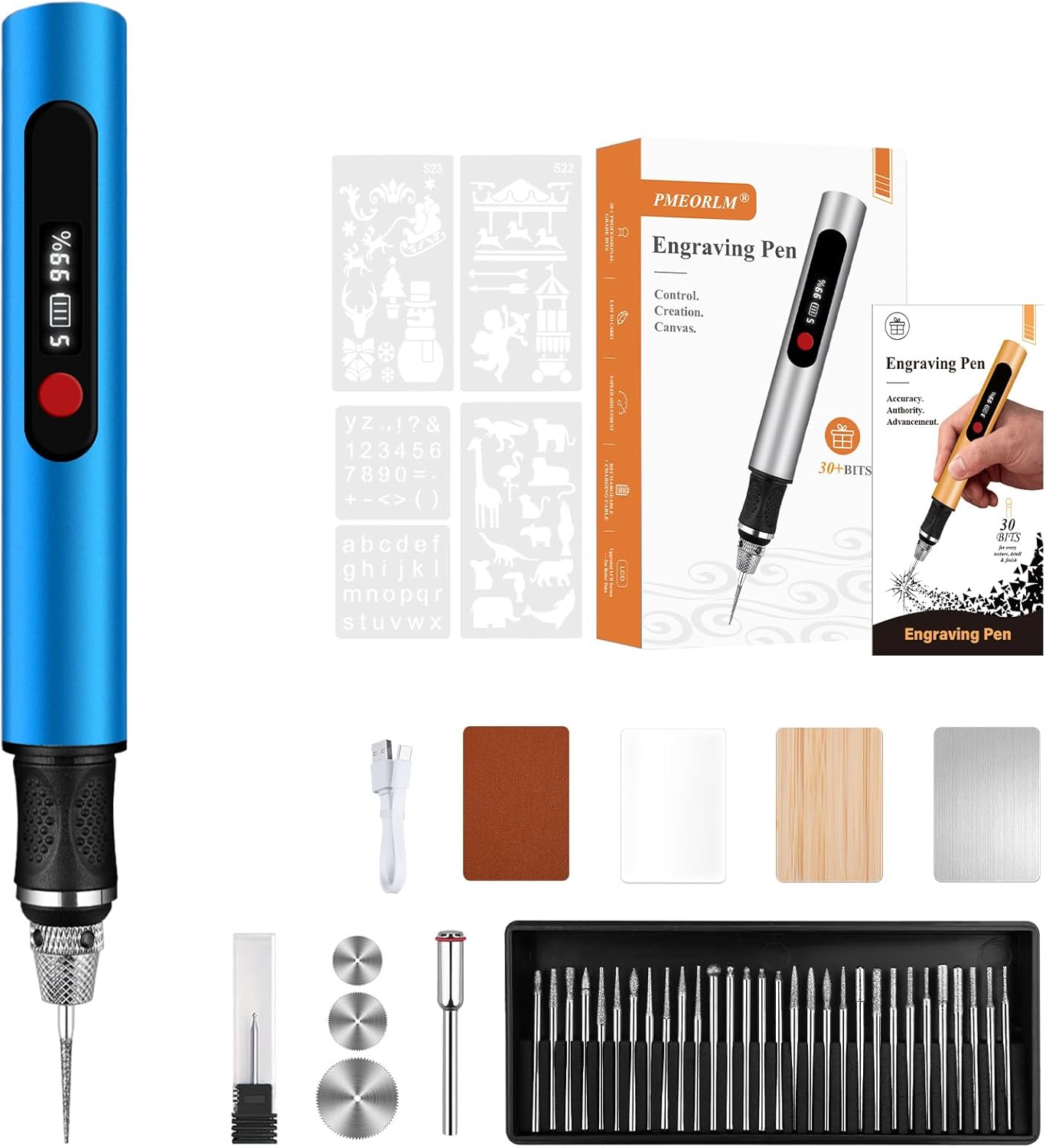 vueowcue Cordless Engraving Pen with 30+ Bits & 5 Speeds,Electric Engraver Kit for Wood Metal Glass Stone,Mini Rotary Tool with LCD Display & Anti-Slip Grip,Gifts for Artists,DIYers,Beginner,Blue