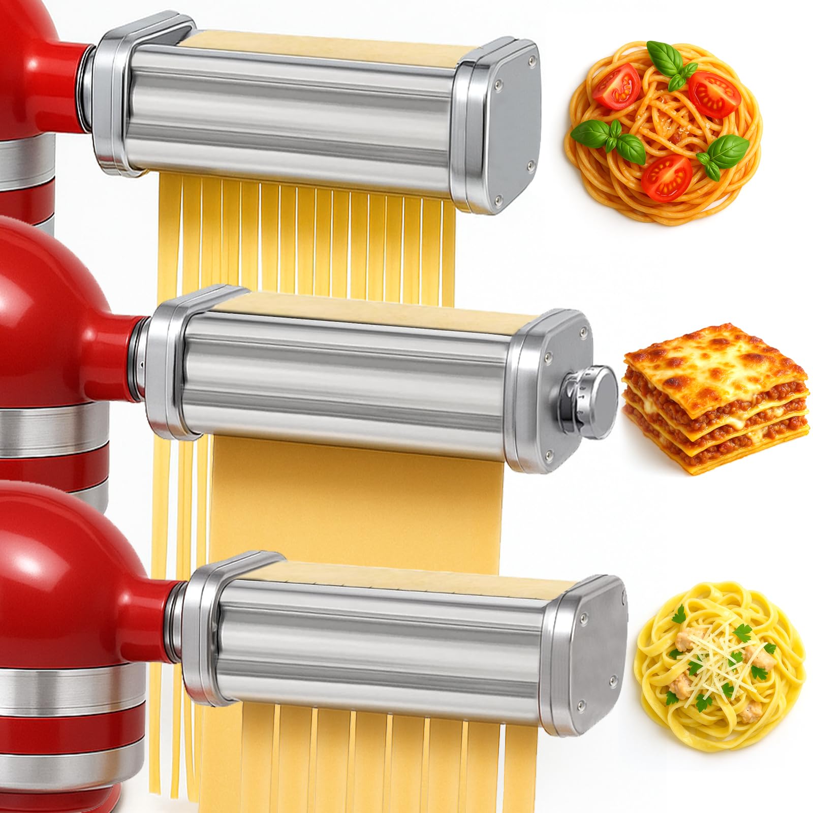 Professional Stainless Steel?SU304?Pasta Maker Attachment Set for KitchenAid Stand Mixer,8 Adjustable Thickness Settings Perfect for Spaghetti, Fettuccini, Lasagna or Dumpling Skin Silver