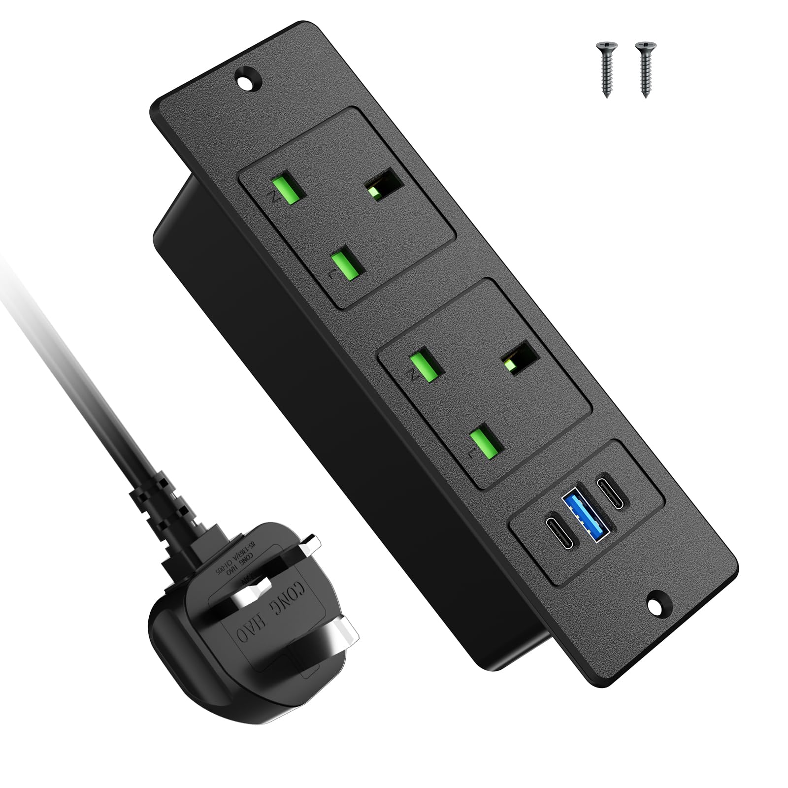 Recessed Power Strip with USB C PD20W, Desk Power Socket with USB, Power Extension Lead 2 Outlets 2 Screws, Hidden in Furniture Desk Table, 2M/6.6FT Cable, Black