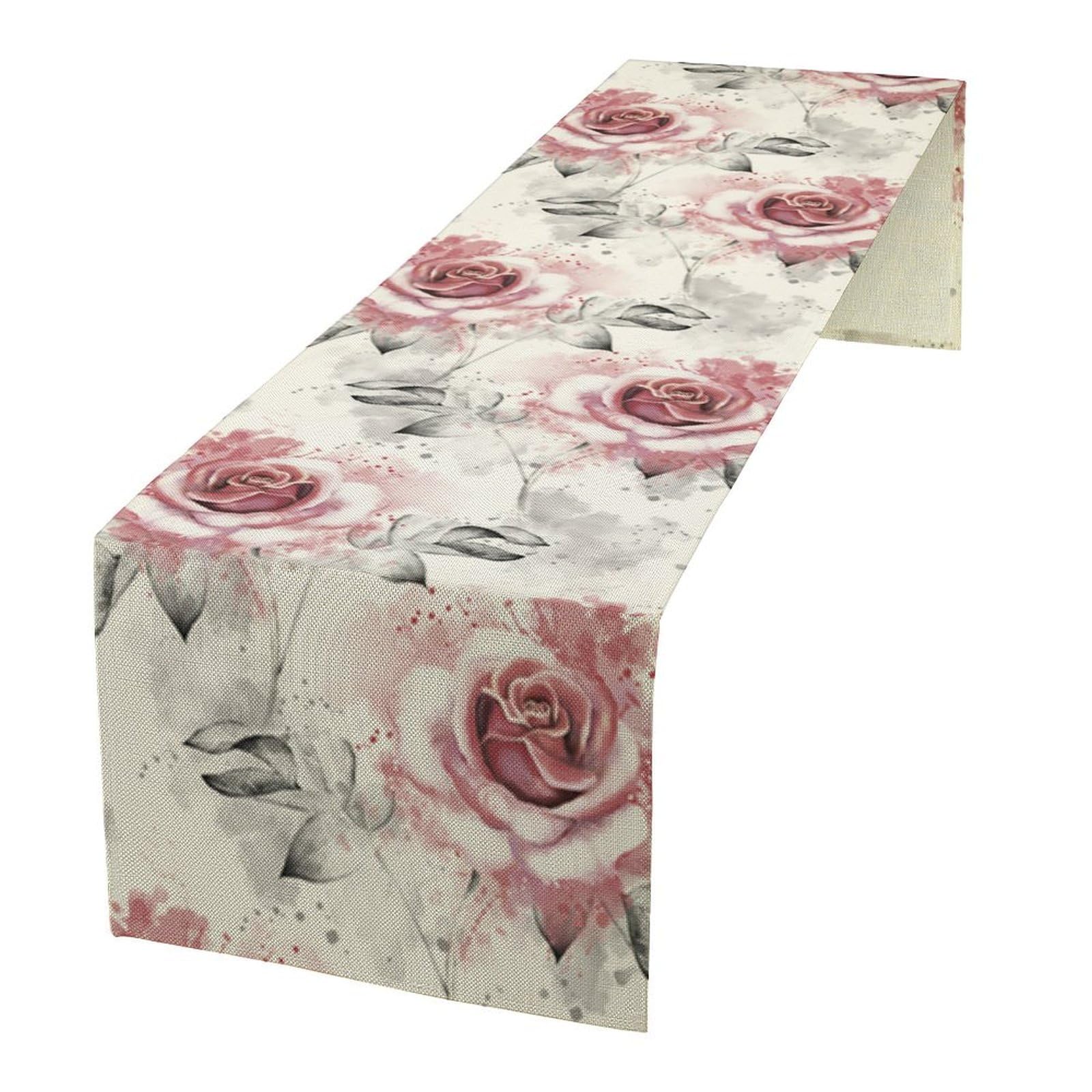 Pink Rose Floral Table Runner,Abstract Watercolor Flower Pattern Modern Romantic Kitchen Dining Table Decoration for Wedding Holiday Home Party