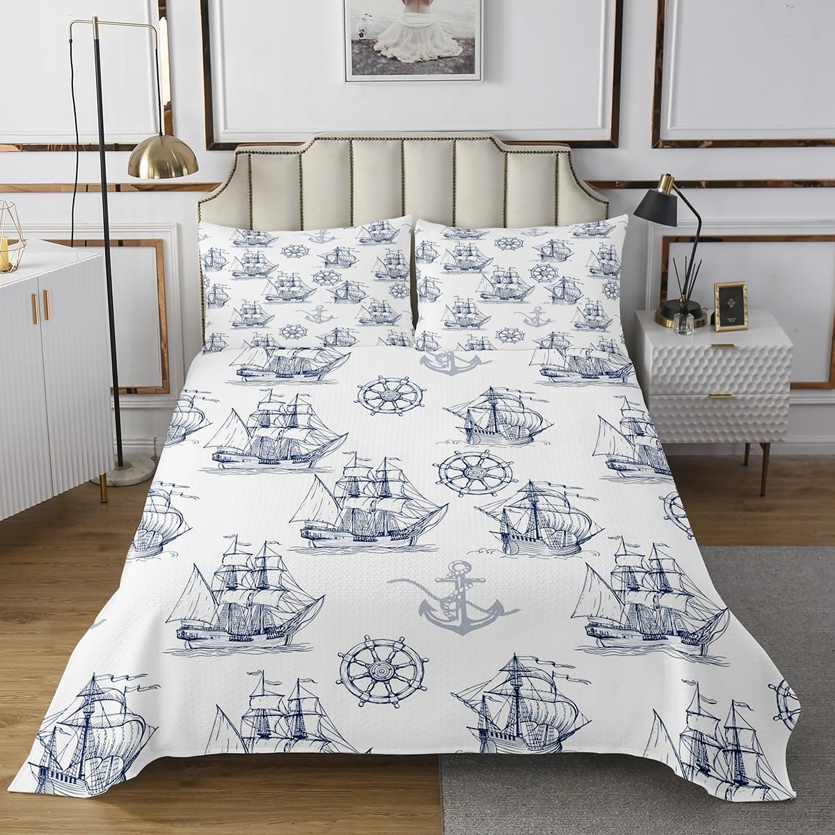 jejeloiu Nautical Theme Bedspread Twin Size Kids Sailboat Printed Coverlet Set for Boys Girls Teens Ocean Anchor Rudder Quilted Coverlet Breathable Sea Adventure Bedroom Decor