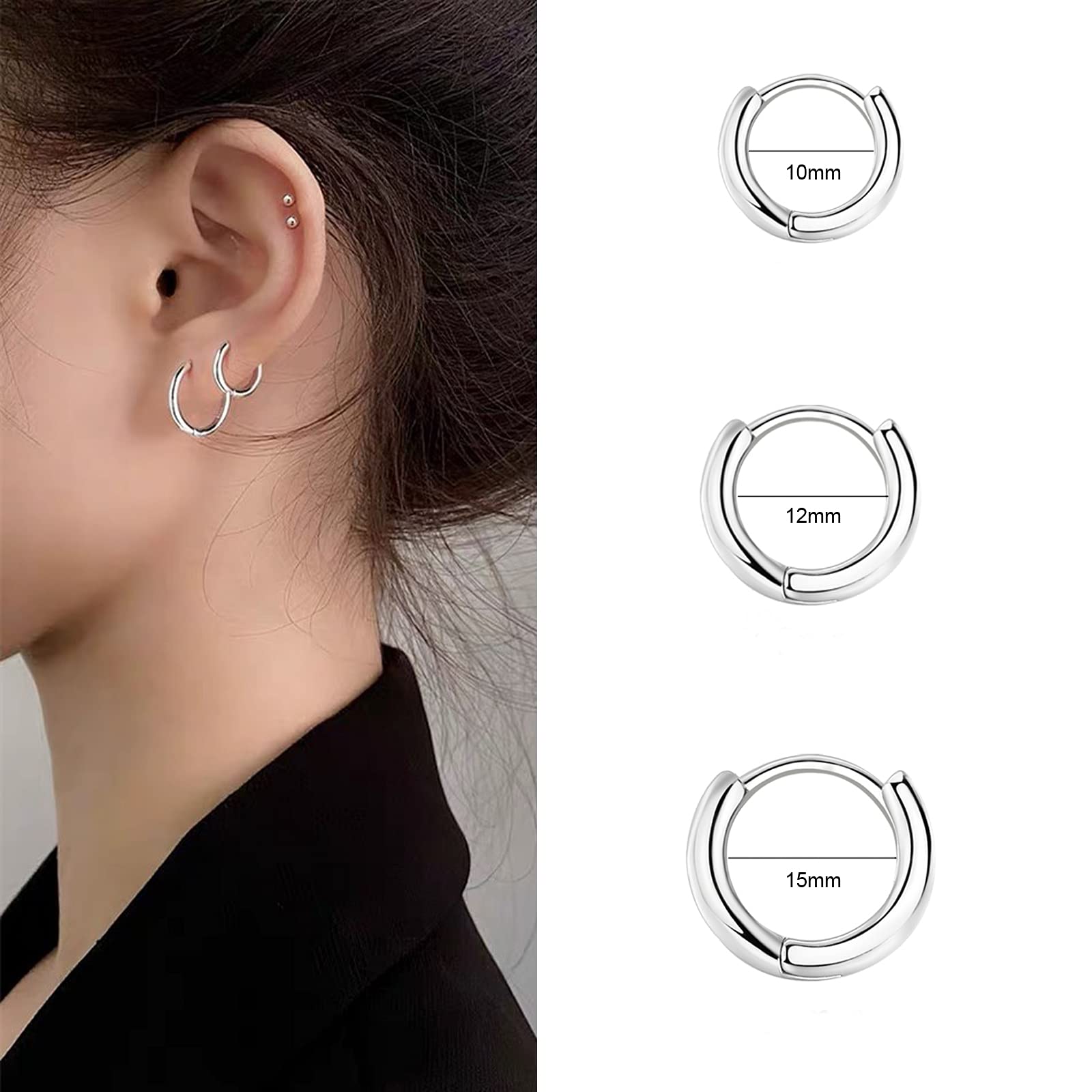 3 Paia Orecchini Cerchio Argento 925 per Donna, Orecchini Cerchio Piccoli Set Orecchini Donna Argento Orecchini Bambina Anallergici 8mm, 10mm, 12mm