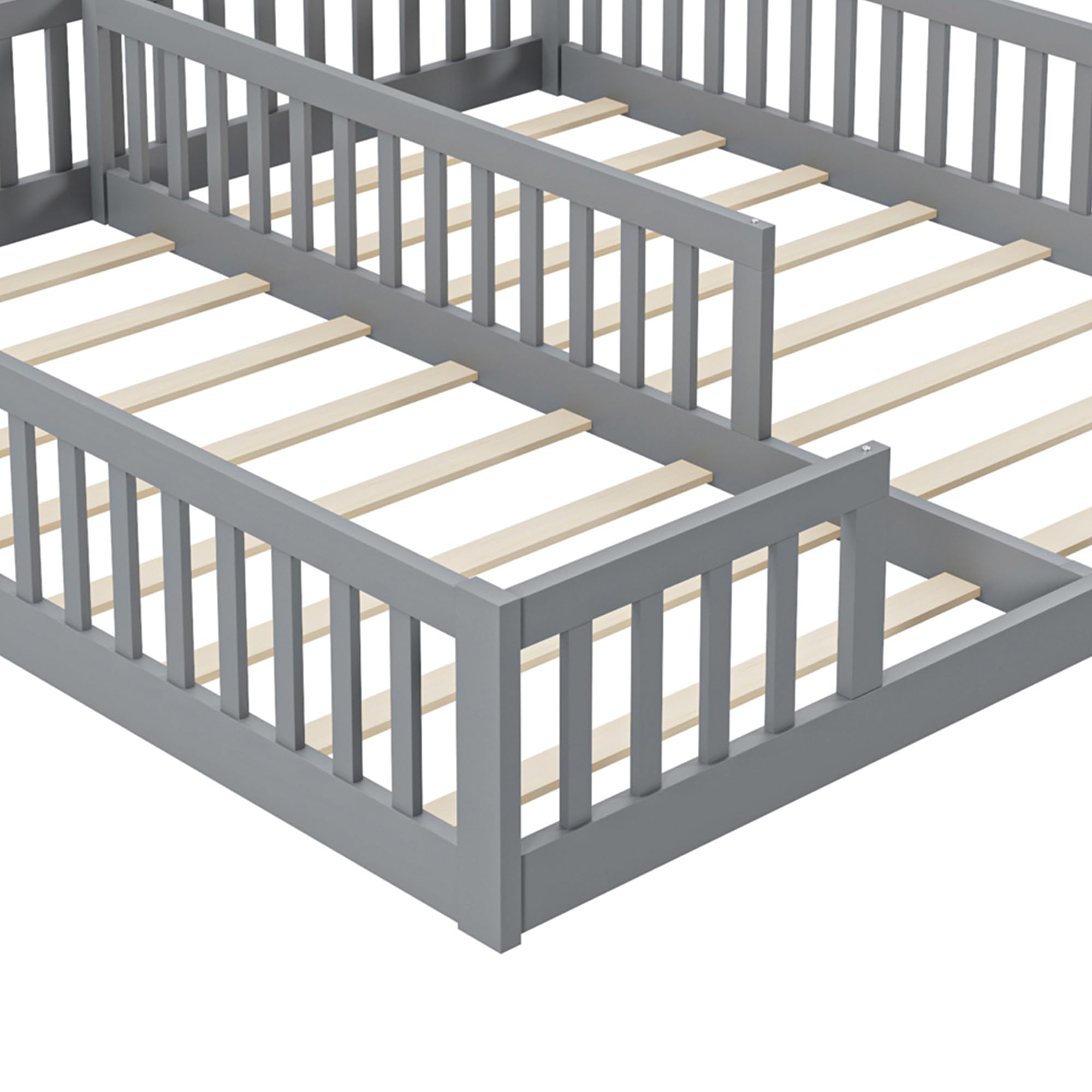 Cama tapizada, 90 x 200 cm, cama infantil con barandilla, con somier (sin colchón), para familias con dos hijos, madera de pino, estilo minimalista (gris)