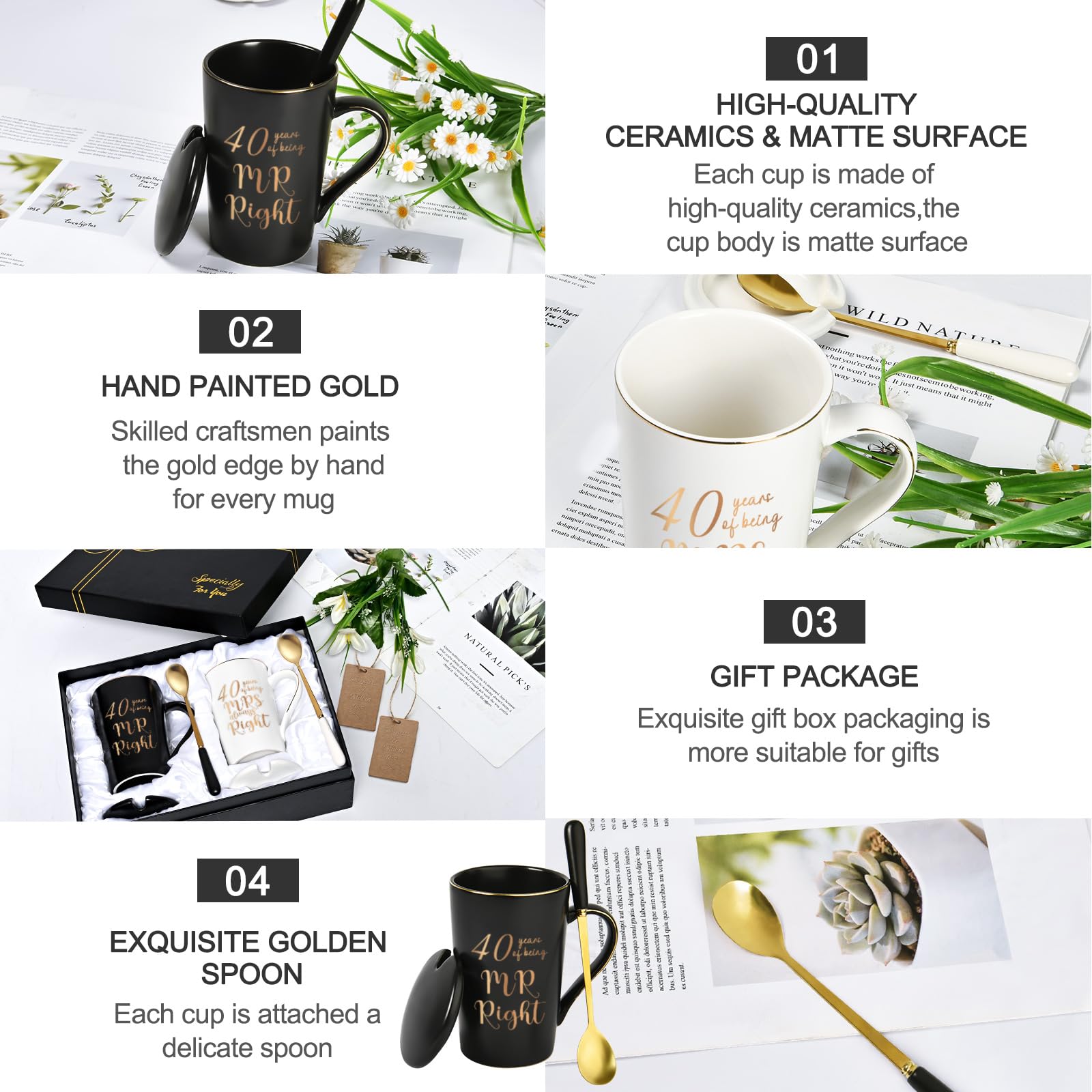 YHRJWN 40th Wedding Gifts, 40 Years of Being Mr & Mrs Always Right Mug Set 14Oz with Lids Spoons and Gift Box, Christmas Anniversary Presents for Parents Couple