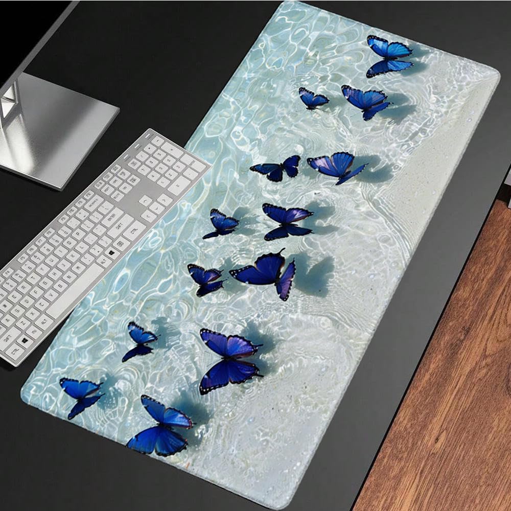 Niebieska podkładka pod mysz XXL, podkładka na biurko, 1200 x 600 cm, szyte krawędzie, podkładka pod mysz, gumowa podstawa, motyl, podkładka pod mysz, stabilna przyczepność na gładkich powierzchniach,