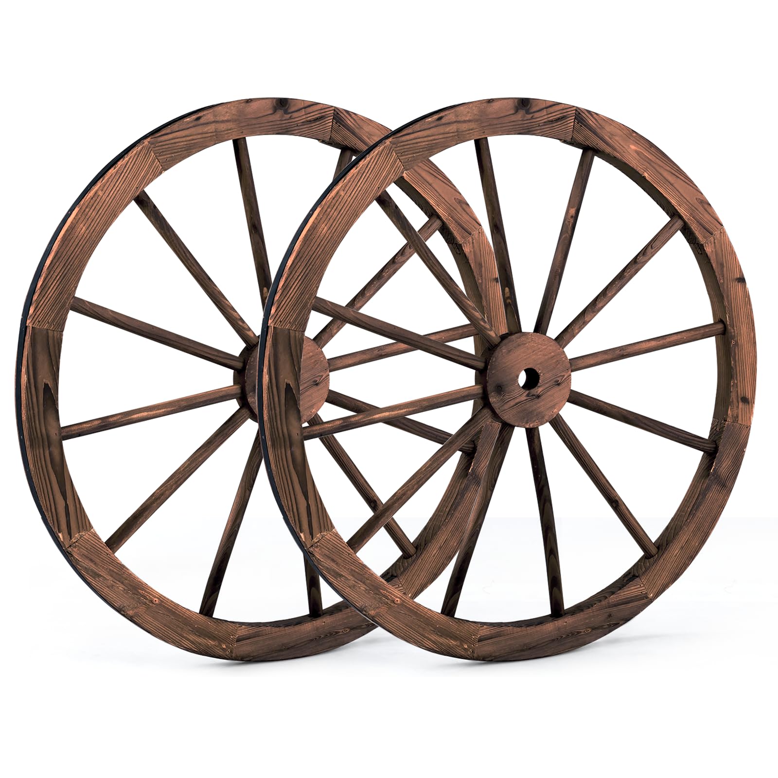 SOARS 2 Piezas Ruedas de Carro de Madera, Decoración de Pared Ø 76 cm con Chapa de Hierro, Rueda de Madera Ruedas Colgantes Rueda de Carro Rústico para Decoración para Jardín & Bar, Marrón