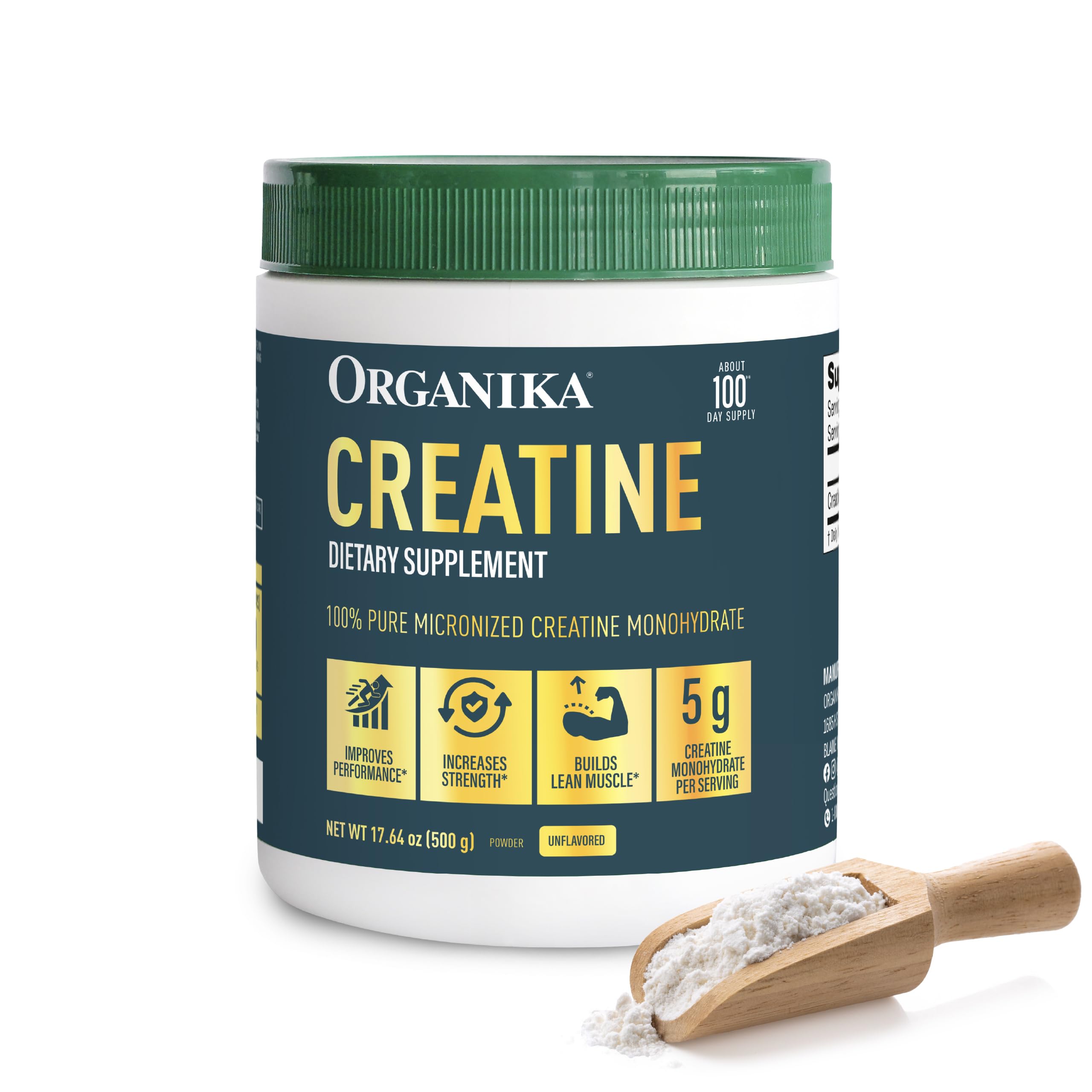 Organika Creatine Powder- 100% Pure Micronized Creatine Monohydrate - Helps Build Lean Muscle, Increase Strength, and Improved Recovery and Performance for Men and Women - 500g, 100 Servings 1.1 Pound (Pack of 1)