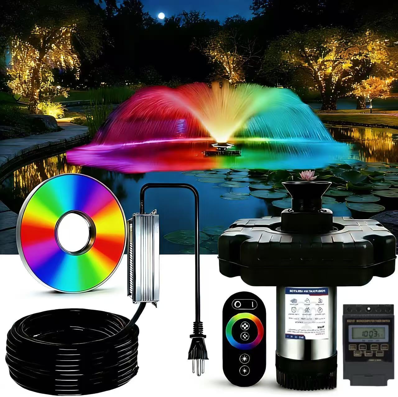 Pond Fountain Aerator,Pond Aerator,with Dynamic LED RGB Lighting Adjustable Modes, Digital Timer | 1 HP 15,000 GPH, 750W 110V, 100FT Cord - for Large Ponds, Lakes & Outdoor Water Features