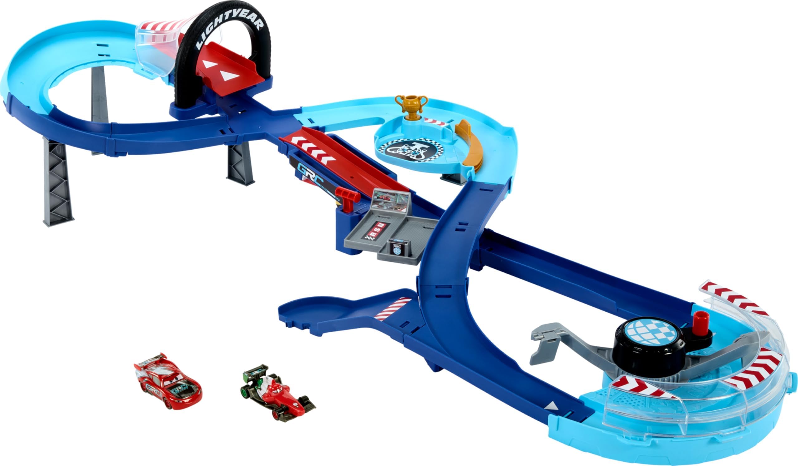 Disney and Pixar Cars Playset with 2 Toy Cars, Lightning McQueen & Francesco Bernoulli, GRC Jumping Raceway Track Set with Kid-Powered Booster