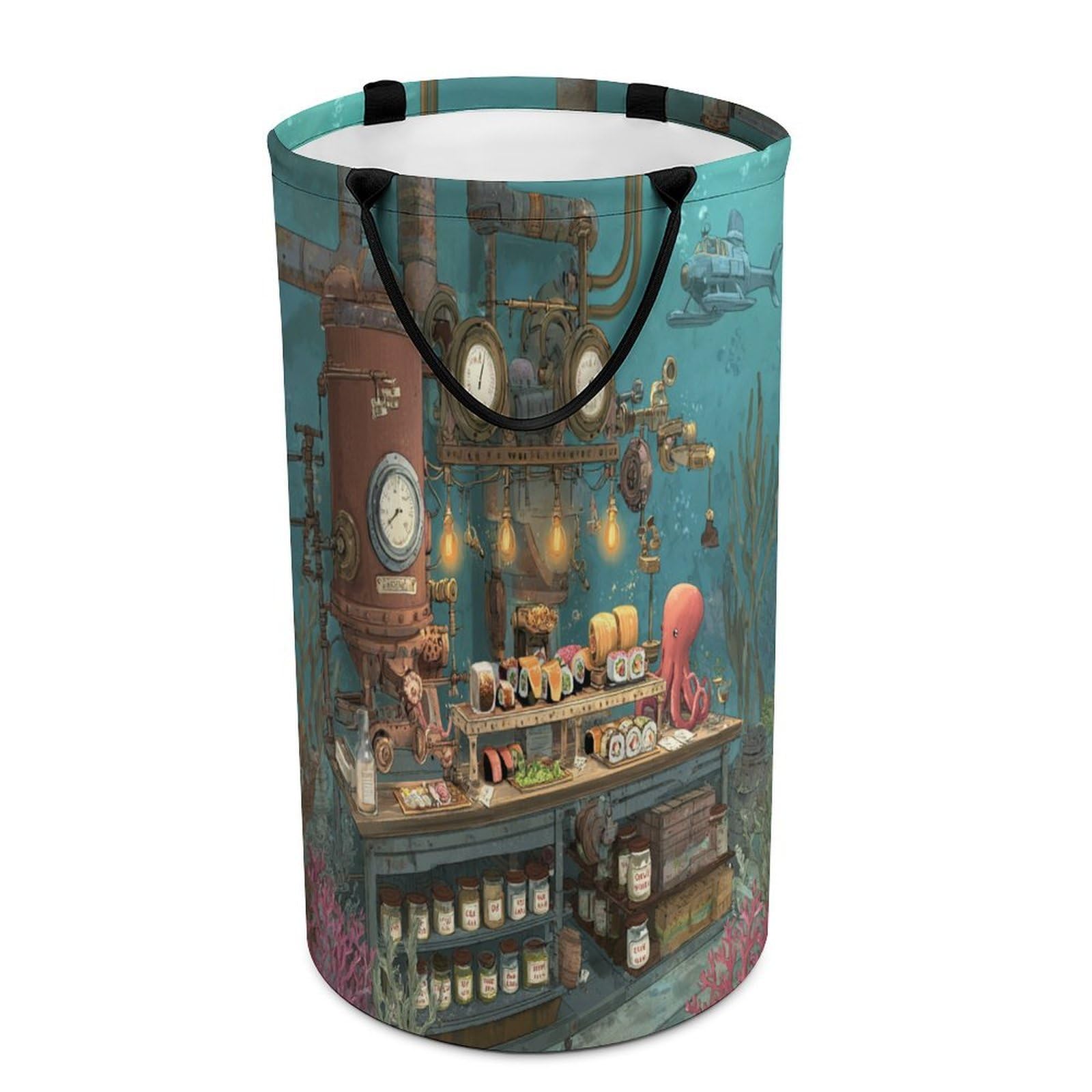 LUYYSKY Beautiful Anime Octopus Chef Versatile Storage Laundry Basket, Retro Japanese Sushi Underwater Animal Octopus Fish Large Bathroom Laundry Hamper With Handle-40 CM Dia, 69 CM High