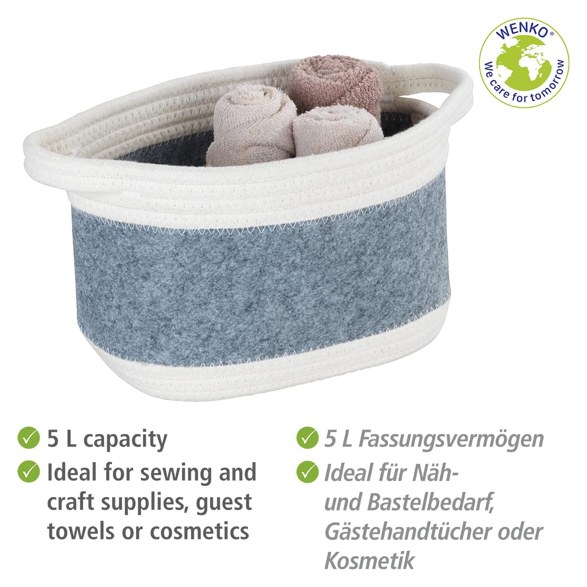 WENKO Panier à Linge En Feutre Bea, Corbeille à Linge Avec Deux Anses Blanches, Volume 75 L, Fabriqué à Base De Feutre En Polyester Recyclé Gris Clair, Design Tissage Blanc, 38