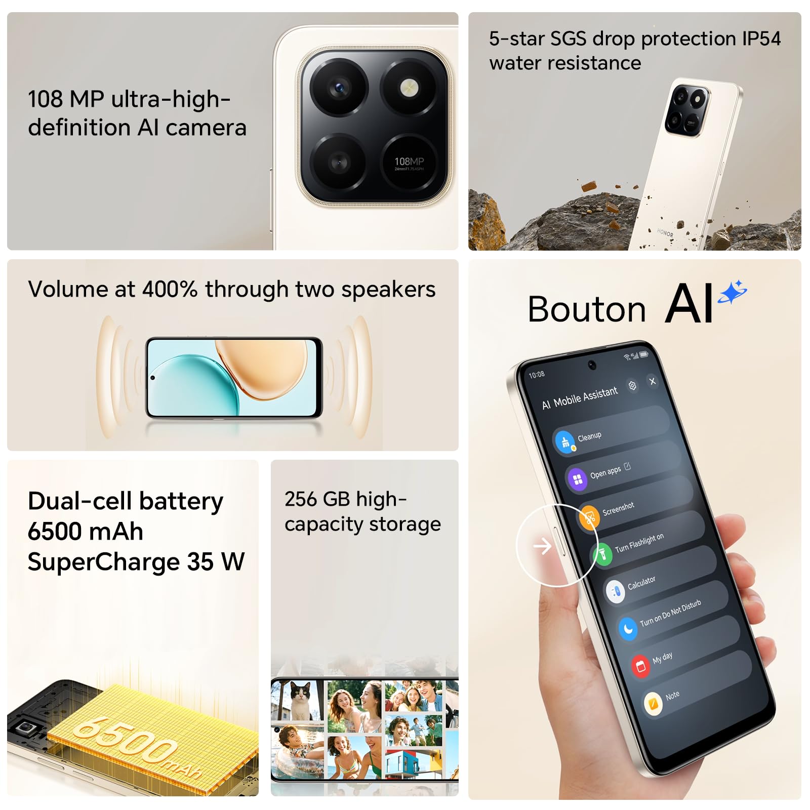 HONOR 400 Smart 4G Smartphone 8GB 256GB, Batteria da 6500mAh, 6.77" Schermo Resistente Alle Cadute IP64, Snapdragon 6s Gen 3, Fotocamera Principale da 108 MP, Android 15, Dual SIM, NFC, Oro