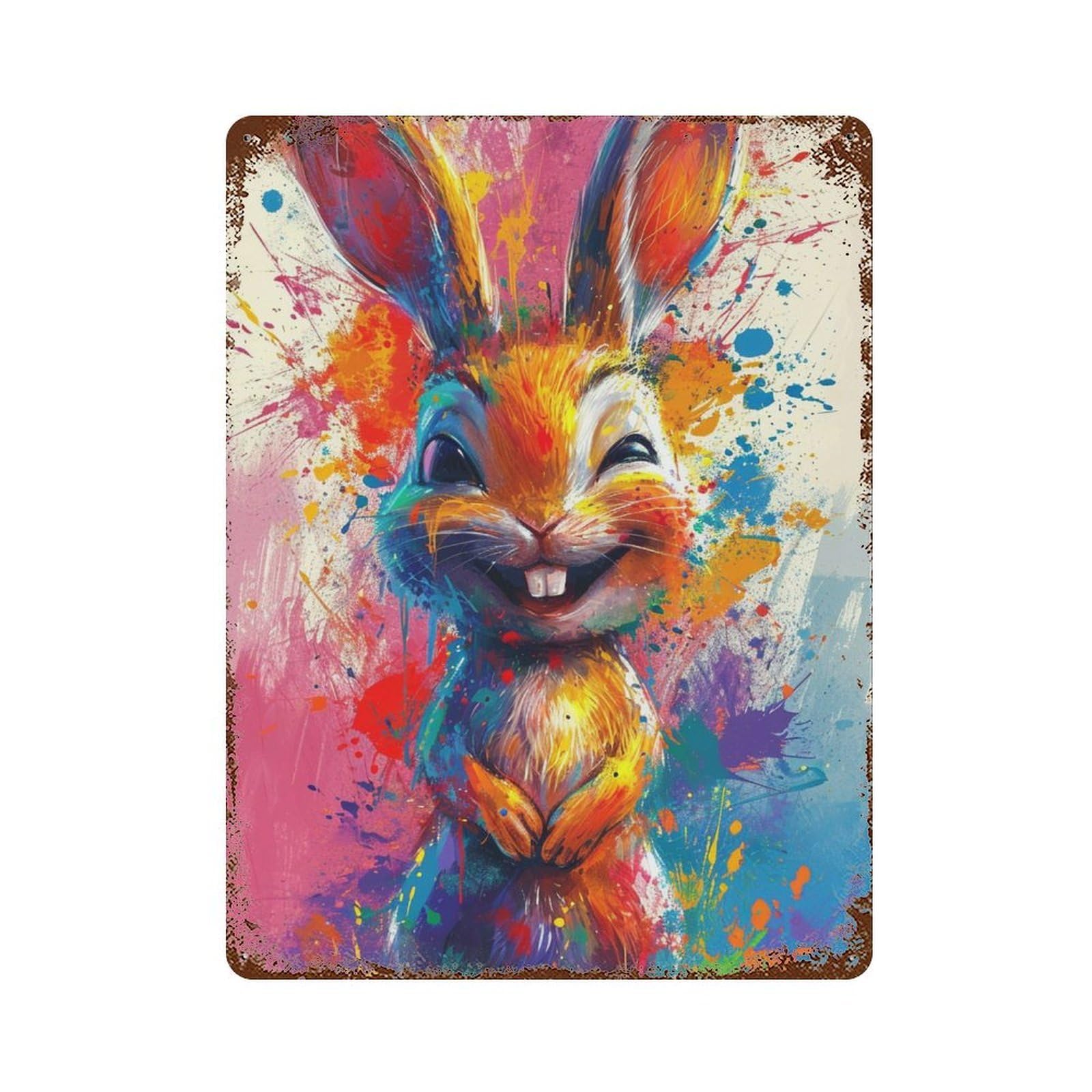 Weathered Tin Sign Colorful Bunny Painting Artwork 15.7"x11.8", Novelty Wall Decor for Basement, Hobby Room And Garage Decor