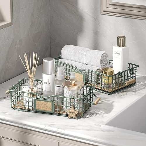 Cesta de alambre de metal, cesta de baño para organizar, organizador de encimera de baño con asas de madera, bandeja de decoración de baño de