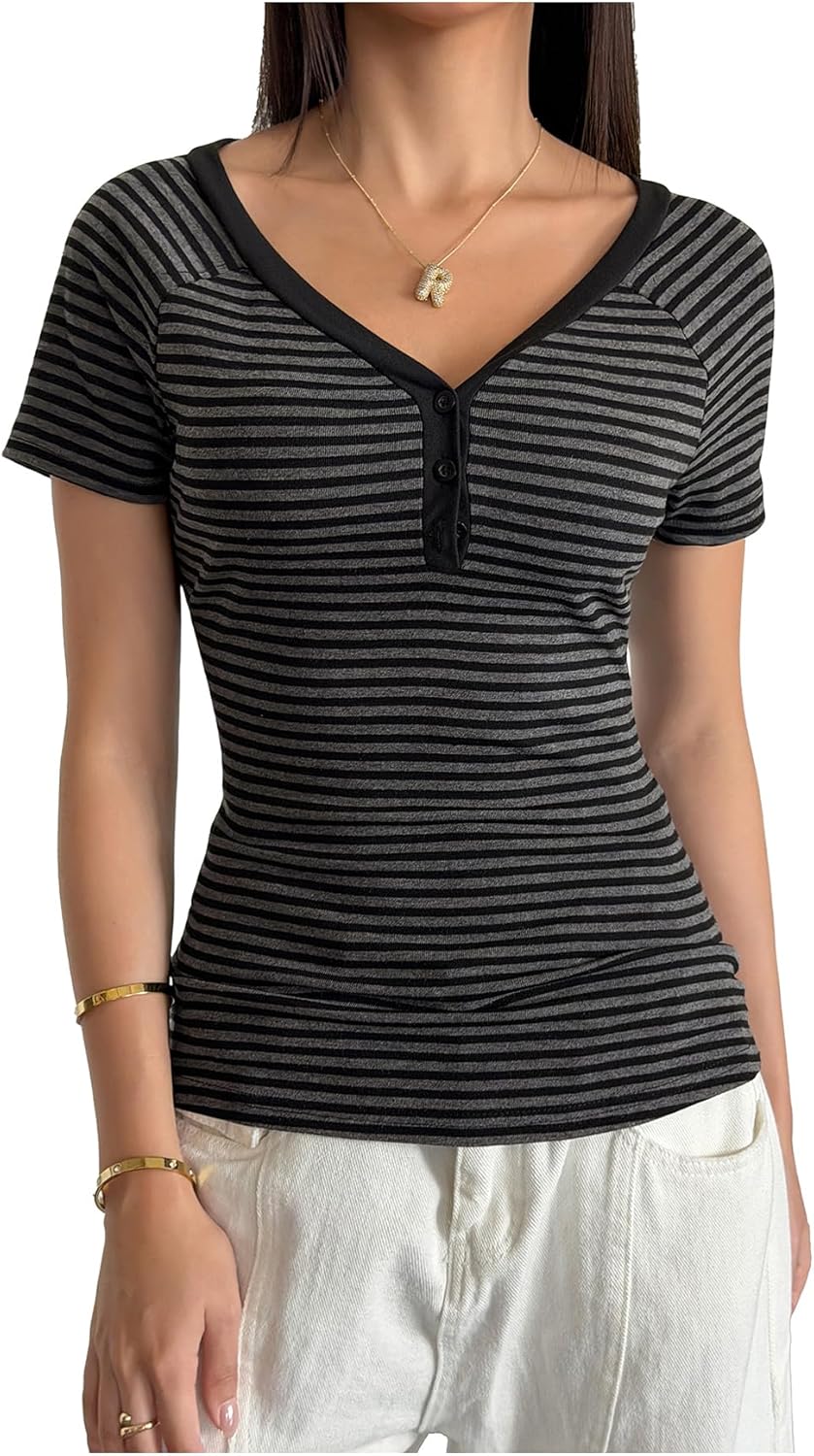 SHENHE Women's Striped Short Sleeve Henley T Shirt V Neck Button Up Y2k Gothic Fitted Tee Top