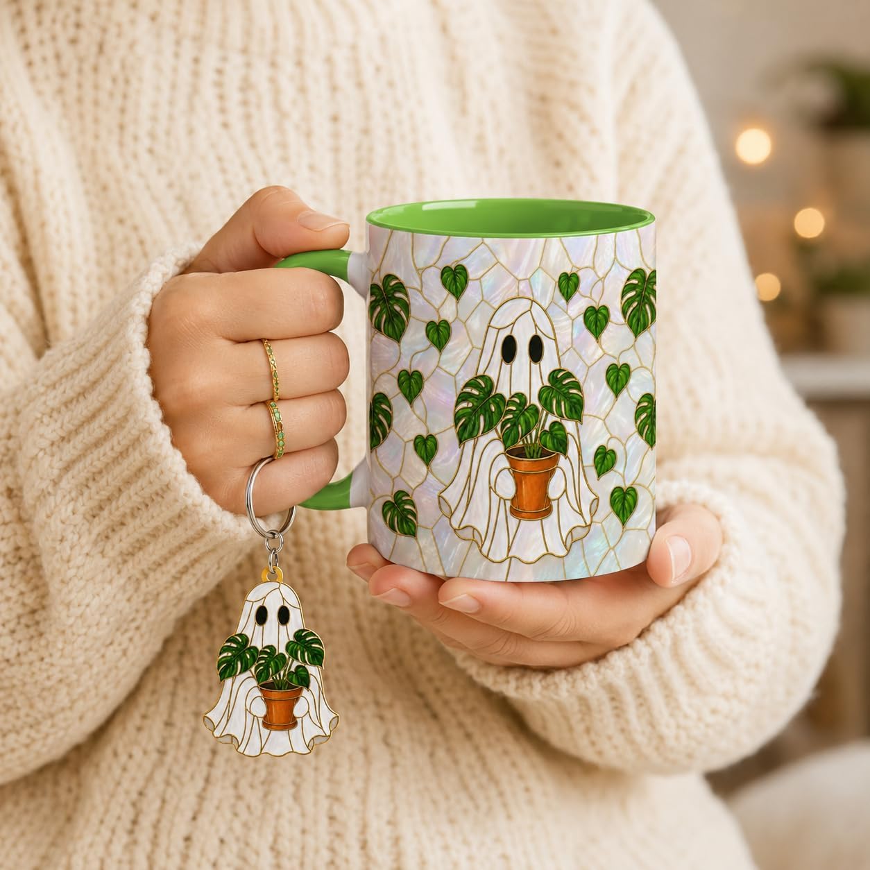 Hyturtle Cute Ghost Plant Mug 11 Oz and Keychain Halloween Gifts for Women image 3