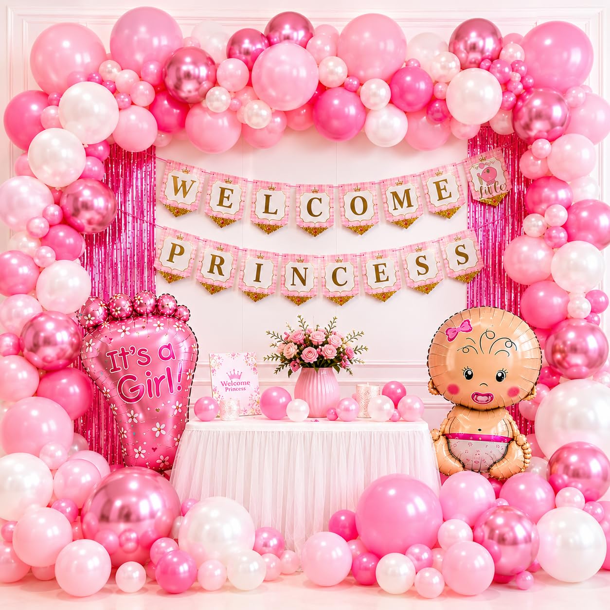Welcome Baby Girl Decoration Kit – 46 Pcs | It's a Girl Theme Welcome Home Decoration for Newborn Baby | Welcome Princess Combo with Pink & White Balloons, Banner, Foil Curtains & Balloon Arch Strip