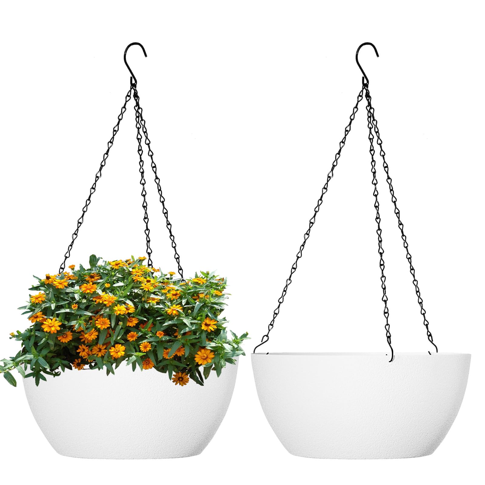 13 inch Large Hanging Planters Plant Pots for Outdoor Indoor Plants with Drainage Holes and Chain, 2 Pack Round Hanging Flower Pots for Garden Home Porch Decor, White